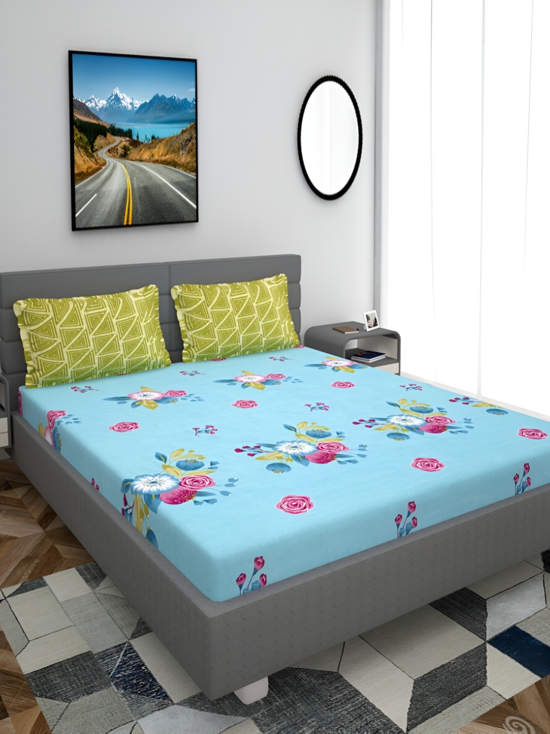 

HOMECRUST Blue & Red Floral 200 TC Fitted Queen Bedsheet with 2 Pillow Covers