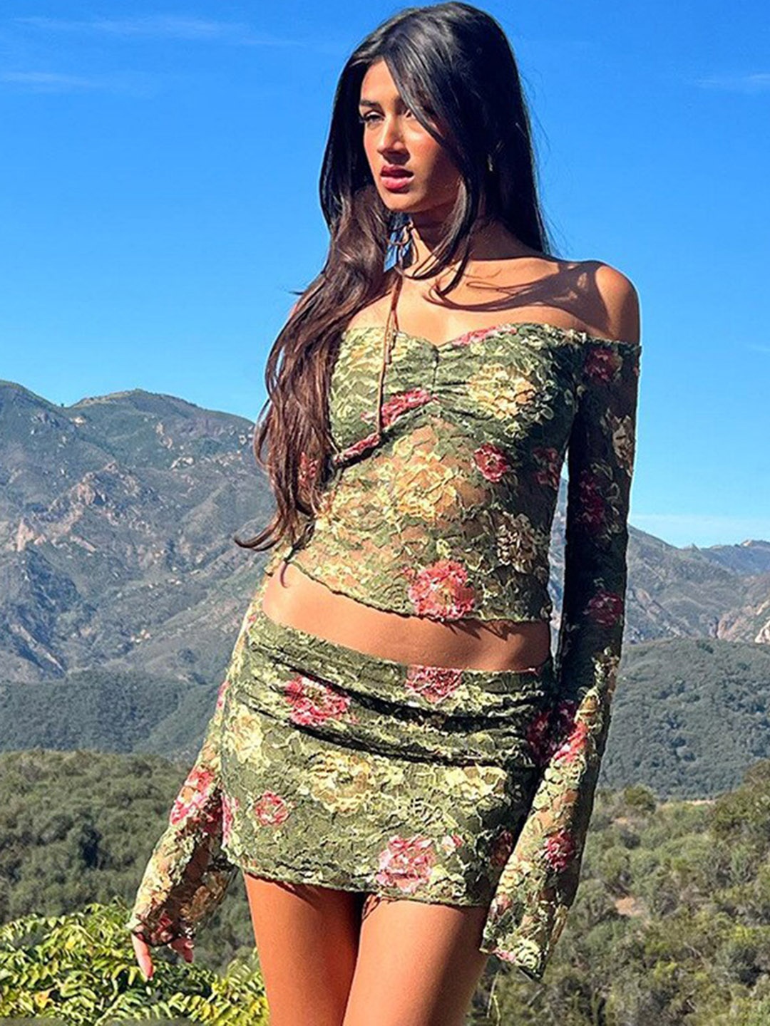 

StyleCast Green Self Design Off Shoulder Top With Skirt