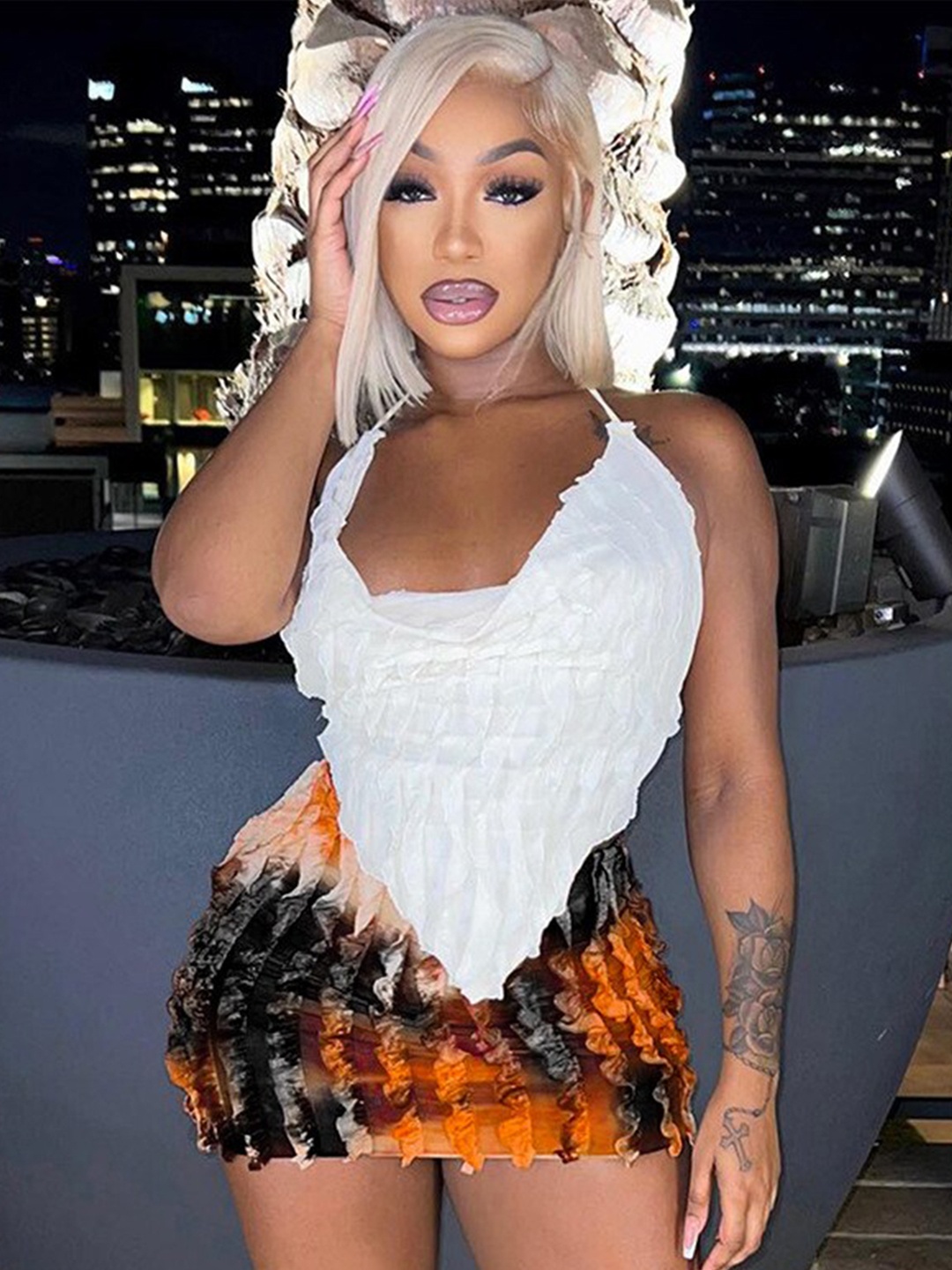 

StyleCast White & Orange Self Design Halter Neck Top & Skirt