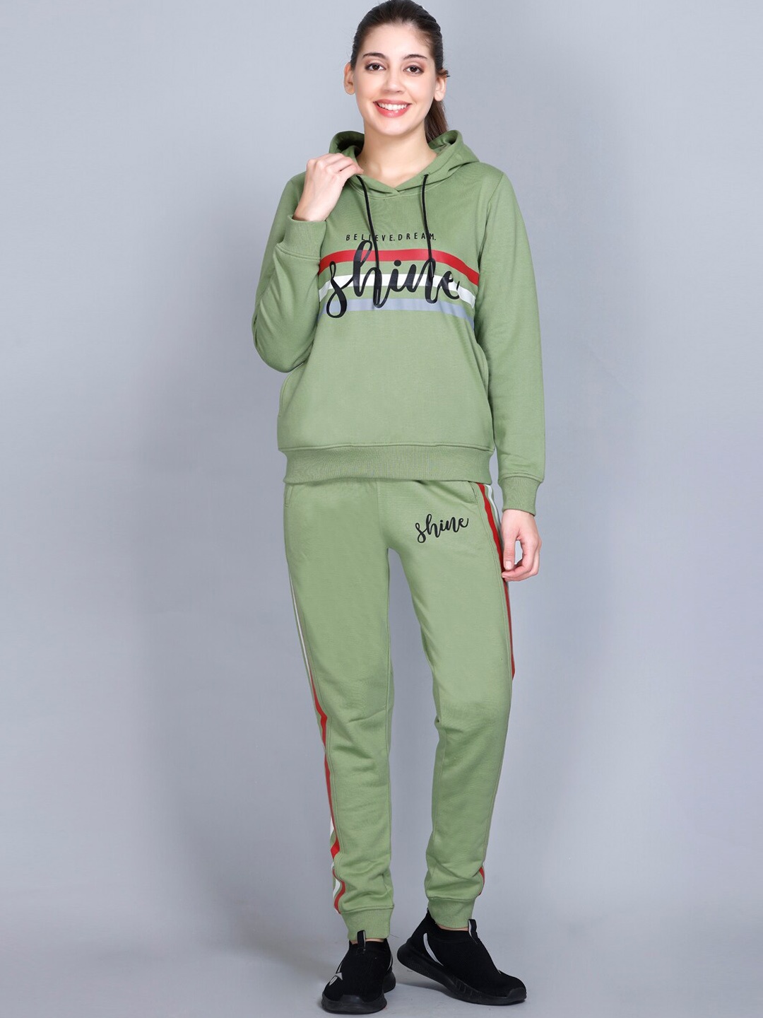 

WILD WEST Typography Printed Hooded Tracksuits, Green