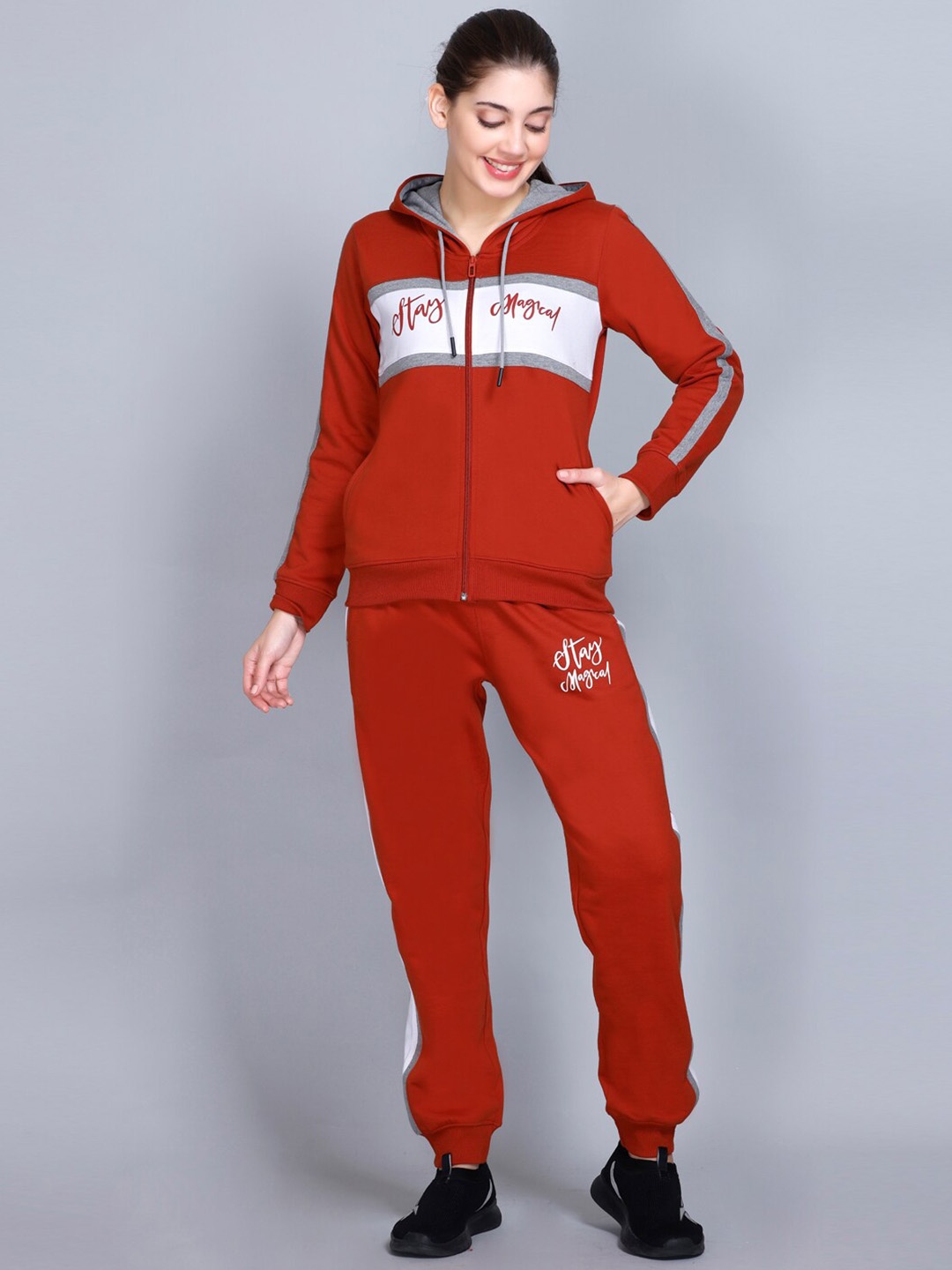 

WILD WEST Typography Printed Hooded Tracksuits, Rust