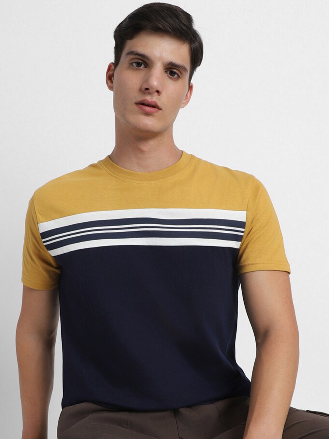 

Dennis Lingo Striped Round Neck Pure Cotton T-shirt, Mustard