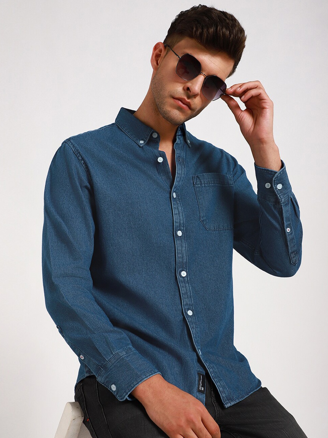 

Dennis Lingo Slim Fit Button-Down Collar Washed Denim Weave Pure Cotton Shirt, Blue
