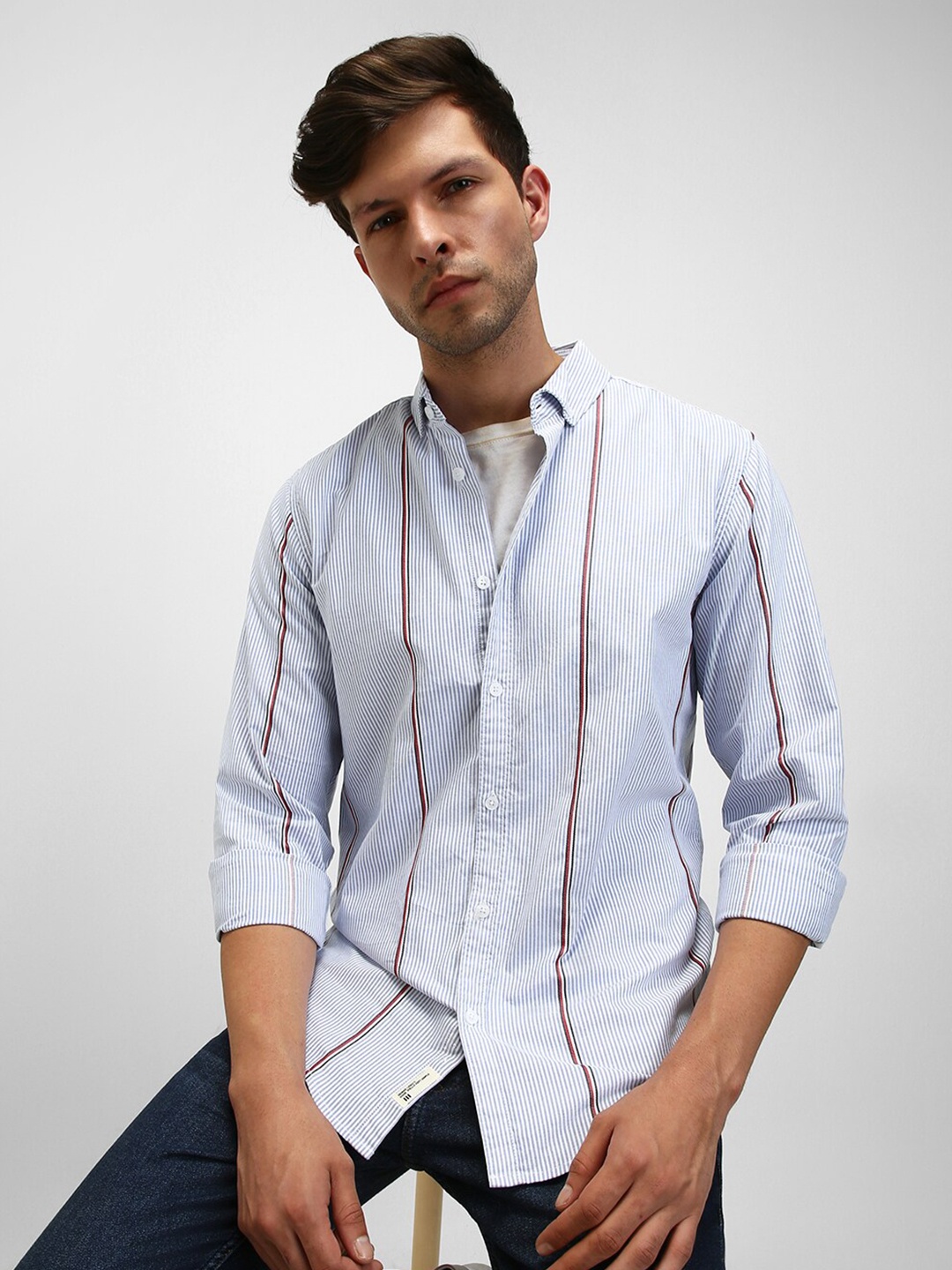 

Dennis Lingo Slim Fit Striped Twill Weave Pure Cotton Shirt, Blue