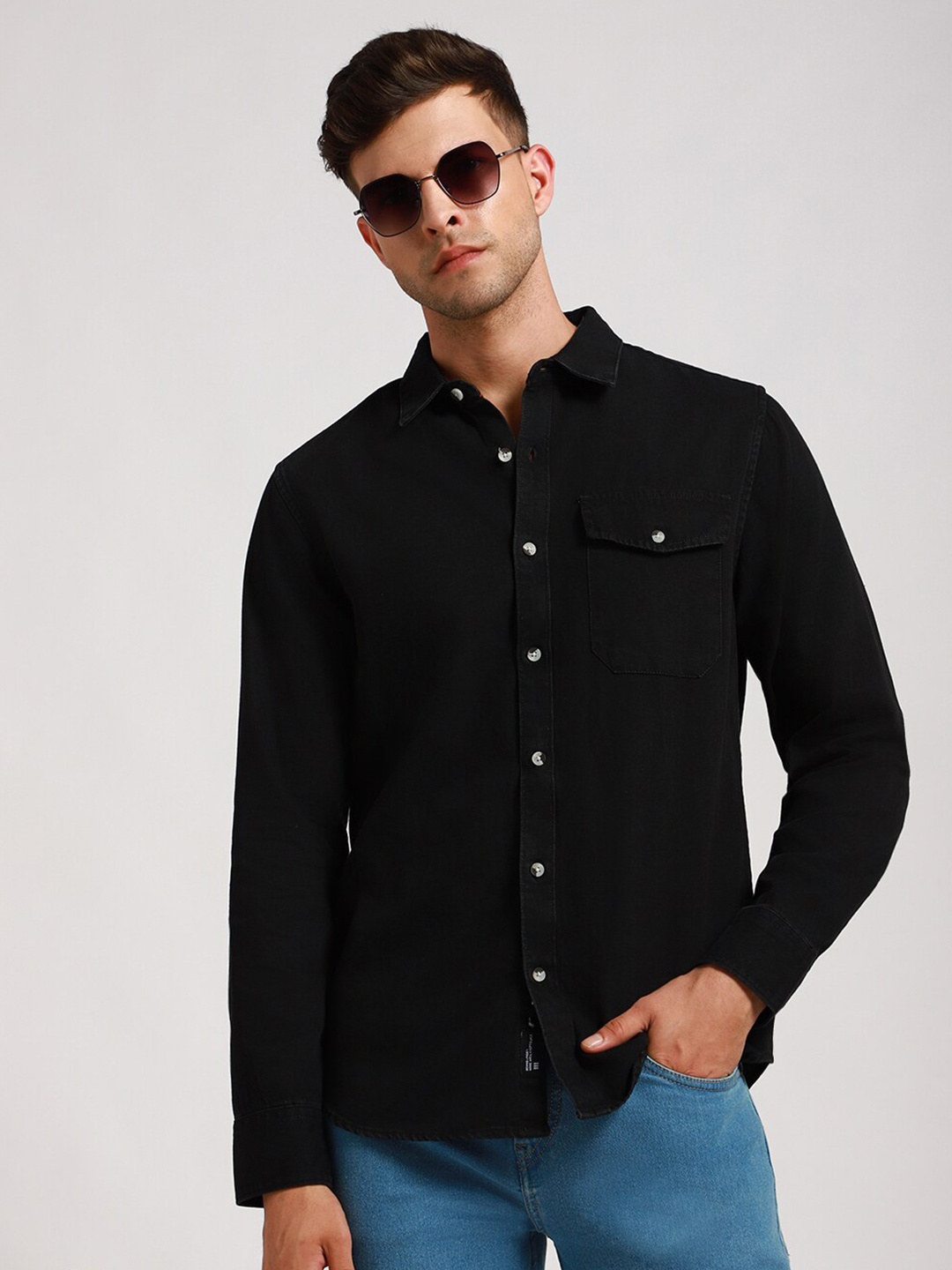 

Dennis Lingo Slim Fit Washed Denim Weave Pure Cotton Shirt, Black