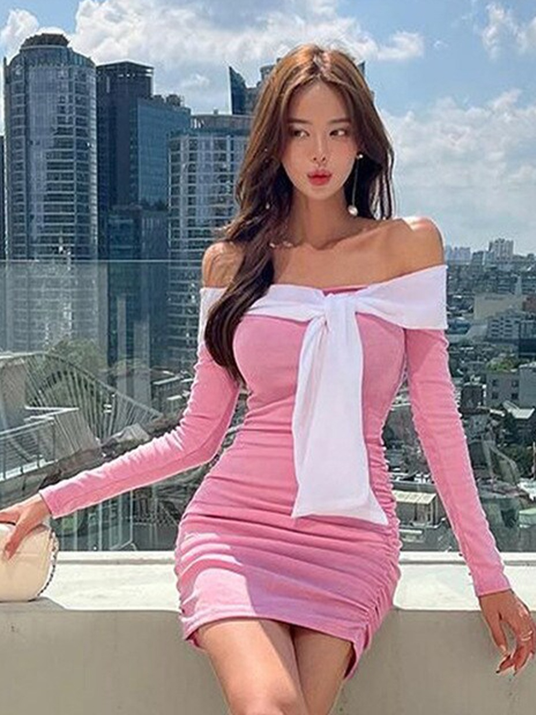 

StyleCast Pink & White Off Shoulder Bodycon Mini Dress