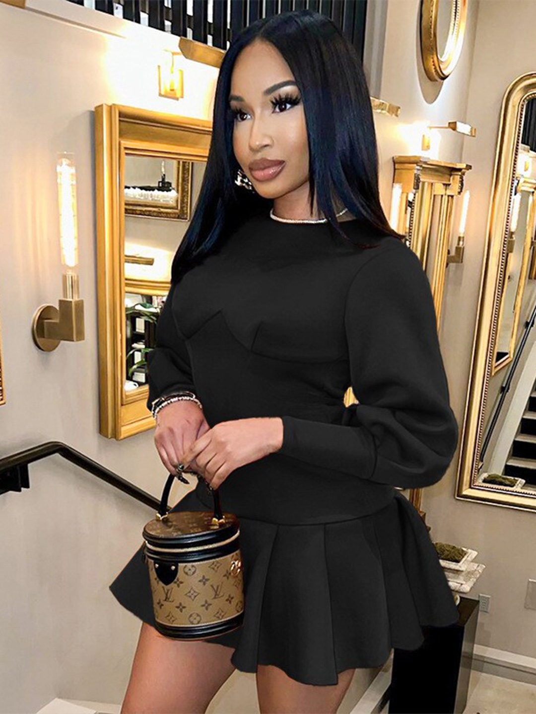 

StyleCast Black Cuffed Sleeves Cut-Outs A-Line Mini Dress