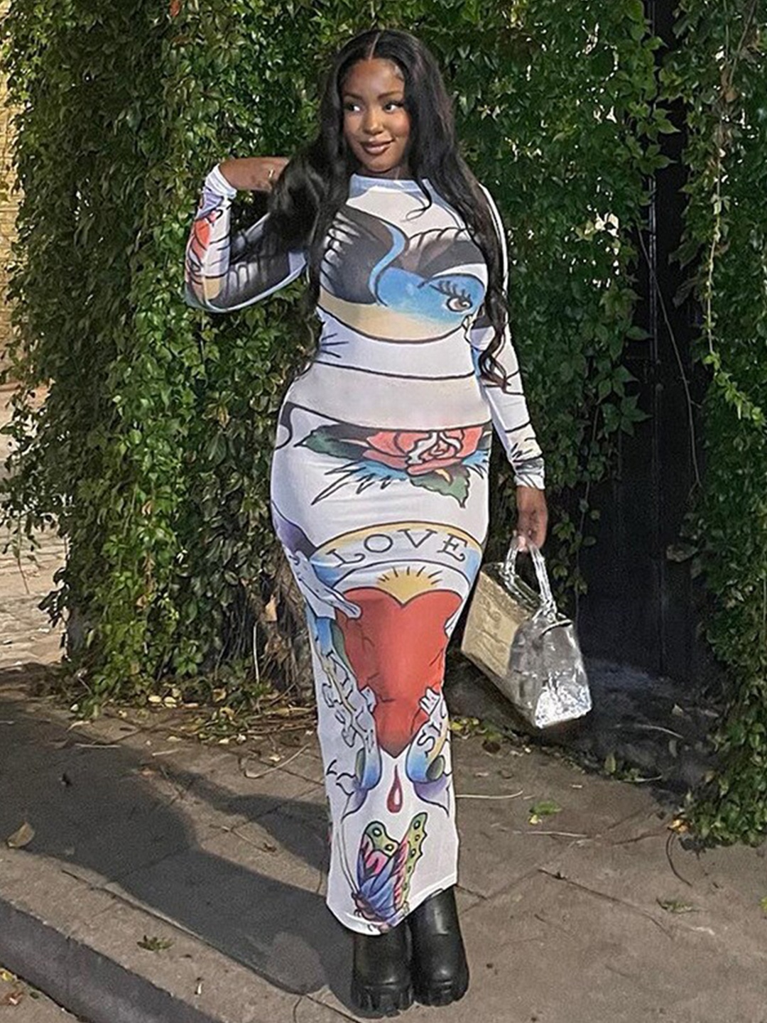 

StyleCast White & Blue Graphic Printed Long Sleeves Bodycon Maxi Dress