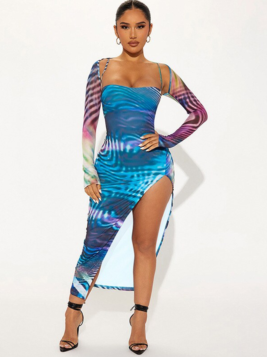 

StyleCast Blue Abstract Printed Square Neck Cut Out Bodycon Maxi Dress