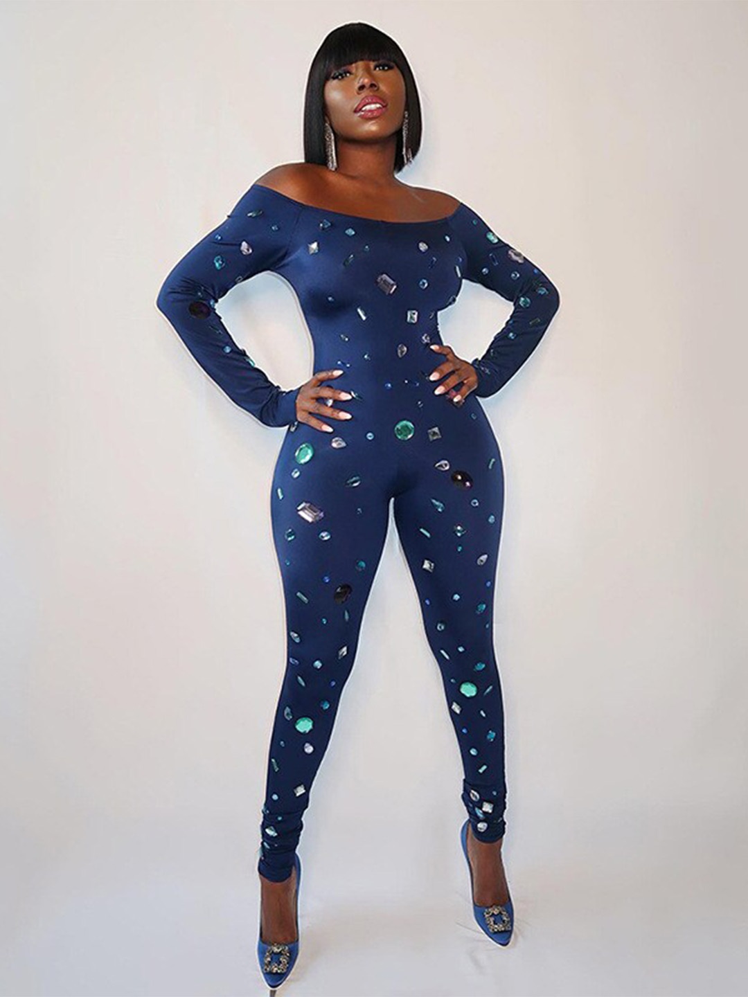 

StyleCast Navy Blue Off Shoulder Basic Jumpsuit