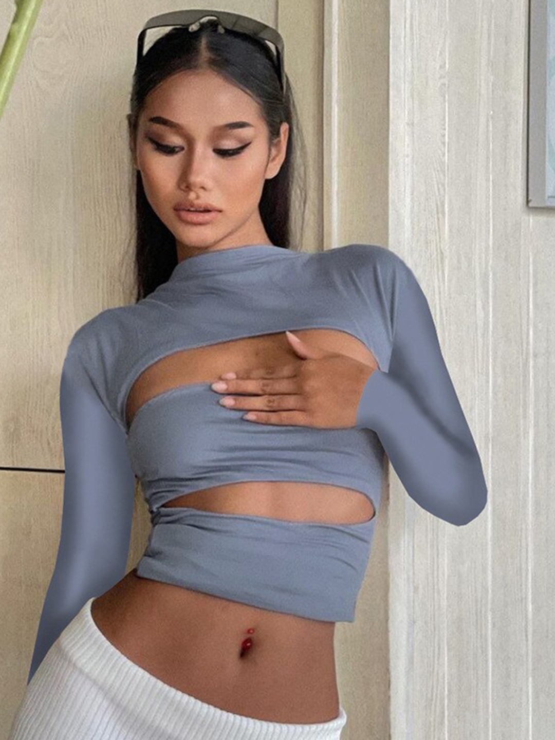 

StyleCast Grey High Neck Long Sleeves Cut-Out Fitted Top