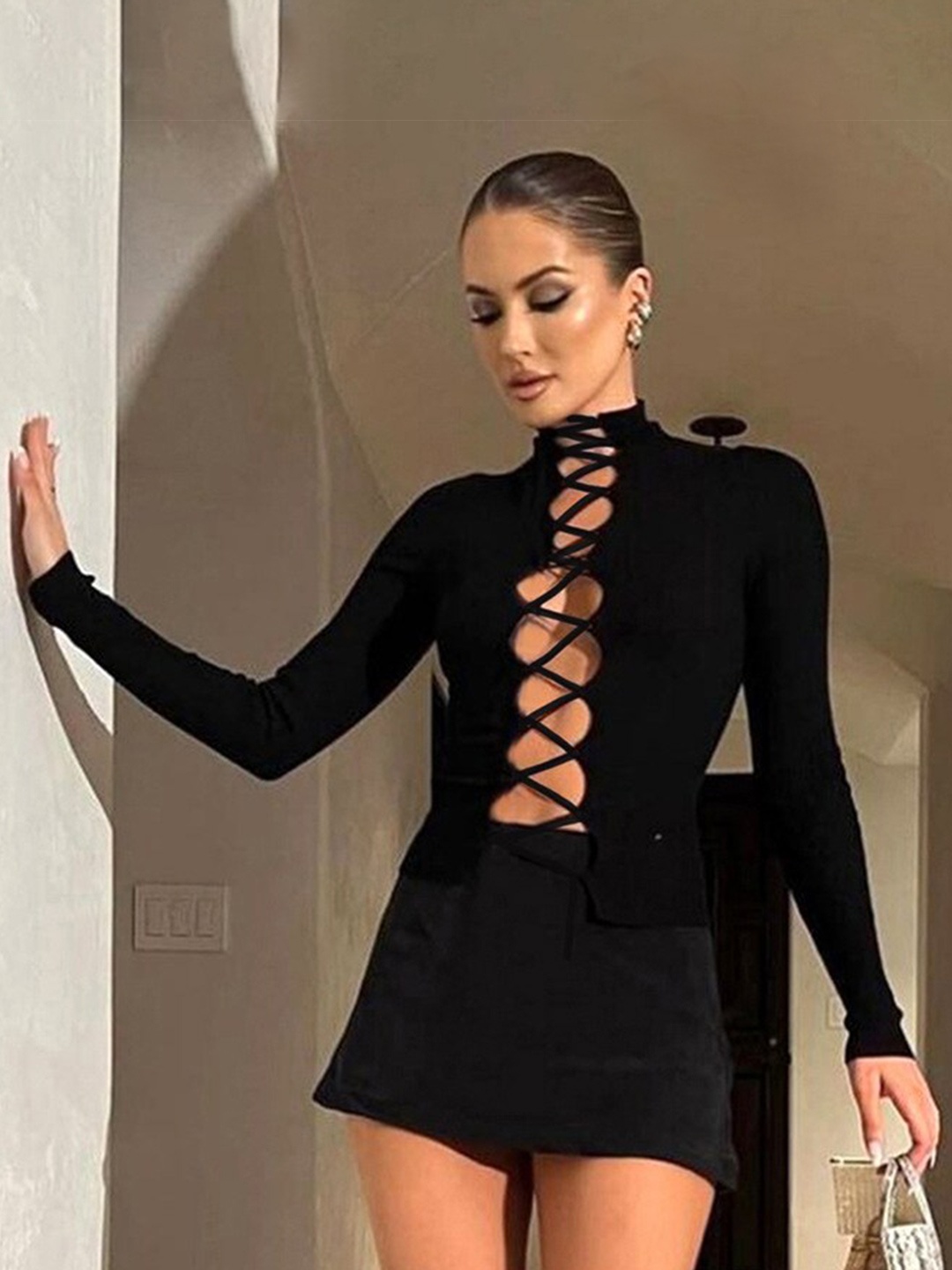 

StyleCast Black High Neck Long Sleeves Cut-Out Fitted Top