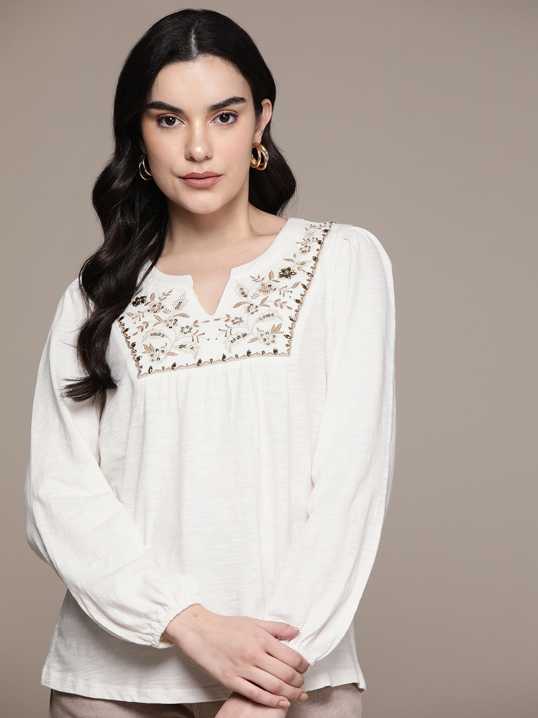 

Macy's Style & Co. Floral Embroidered & Sequinned Puff Sleeve Cotton Top, Cream