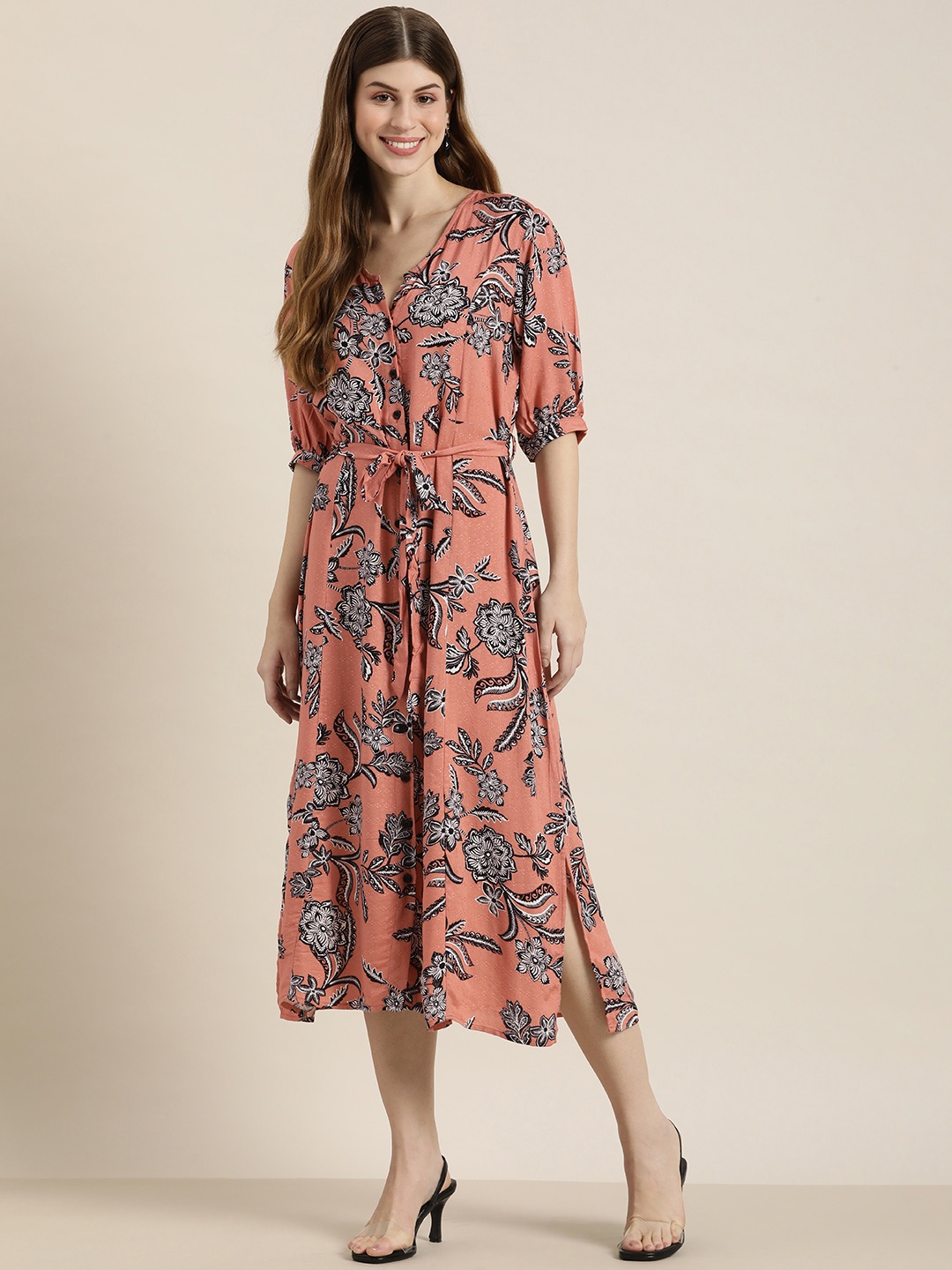 

DILLINGER Floral Print A-Line Midi Dress, Brown
