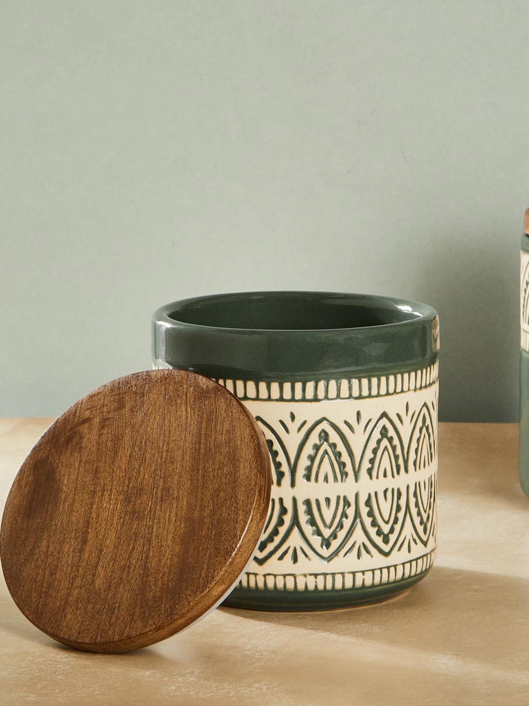 

Fabindia Green & White Textured Ceramic Food Container