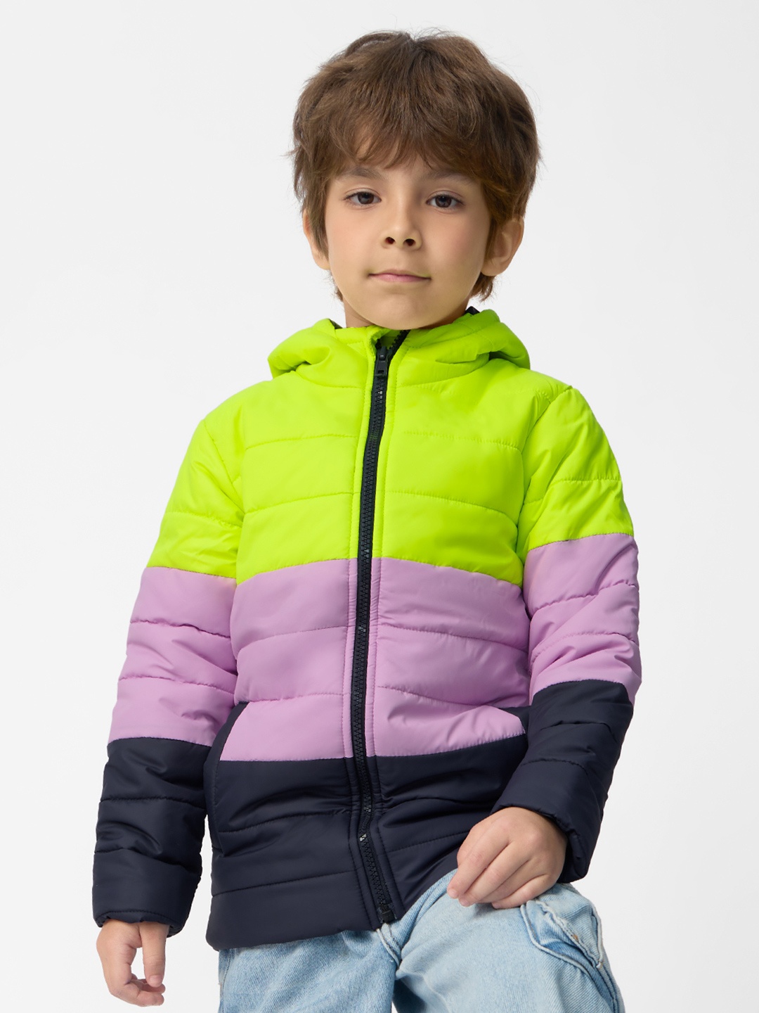 

The Souled Store Boys Lime Green & Lavender Colourblocked Hooded Windcheater Padded Jacket