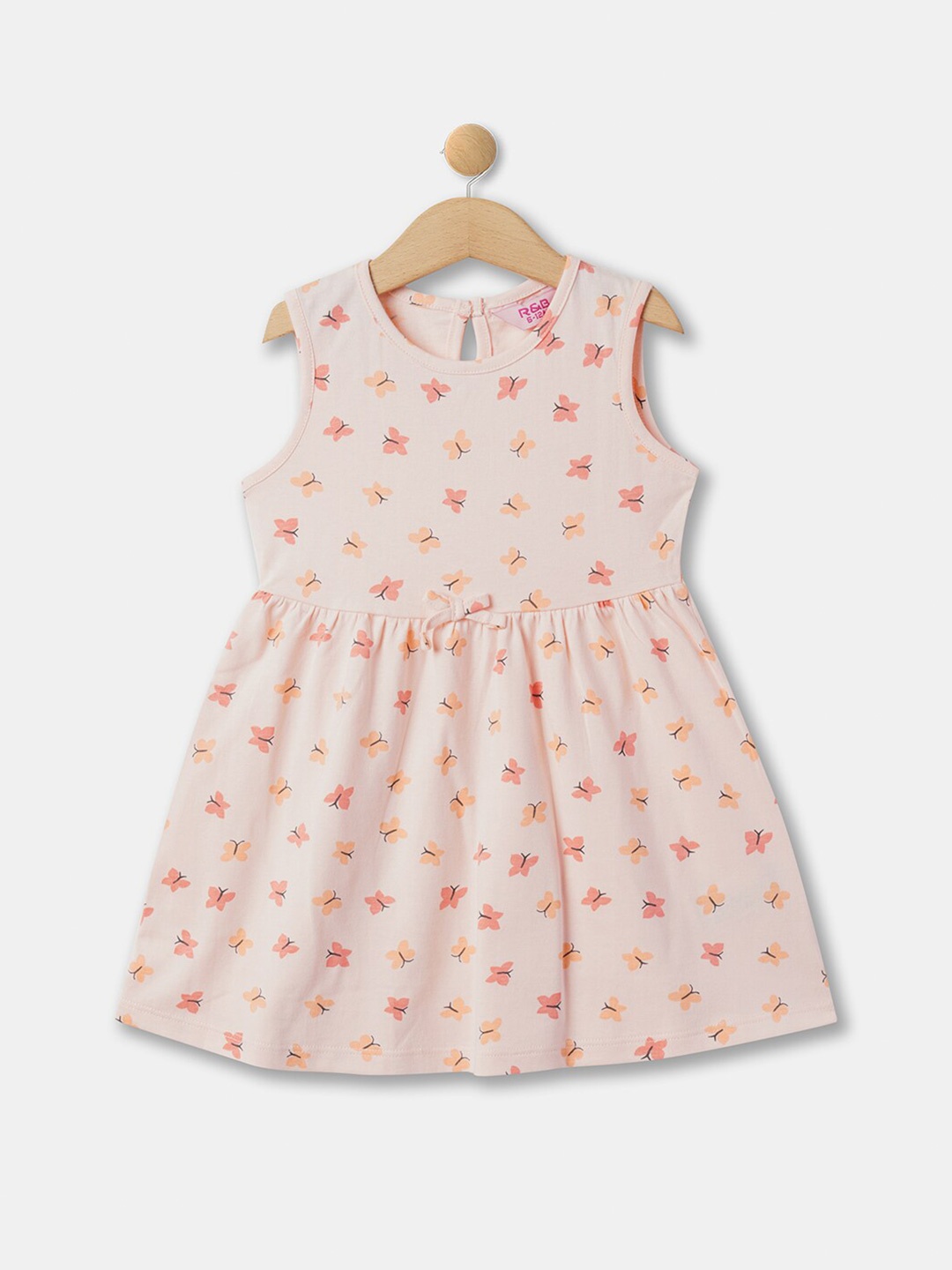 

R&B Girls Conversational Printed Sleeveless Fit & Flare Pleated Cotton Dress, Pink