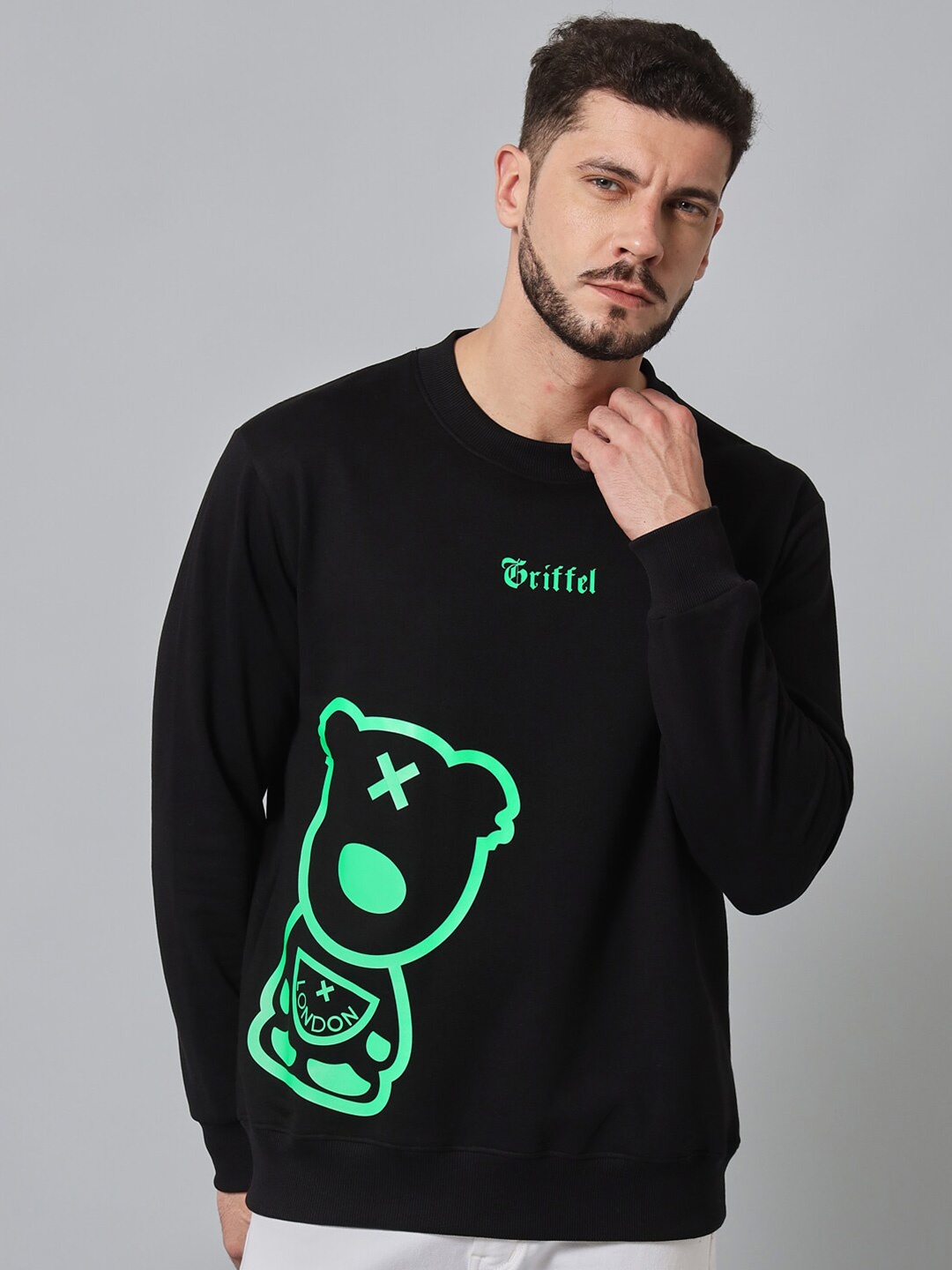 

GRIFFEL Teddy Bear Printed Fleece Pullover Sweatshirt, Black