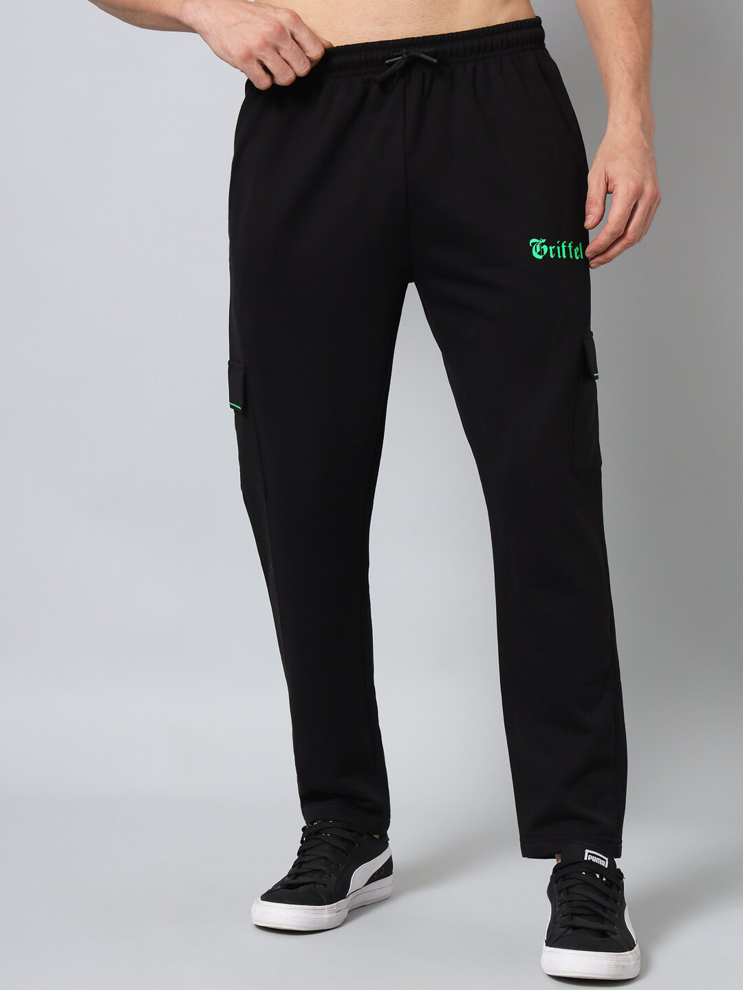 

GRIFFEL Men Typography Printed Fleece Track Pants, Black