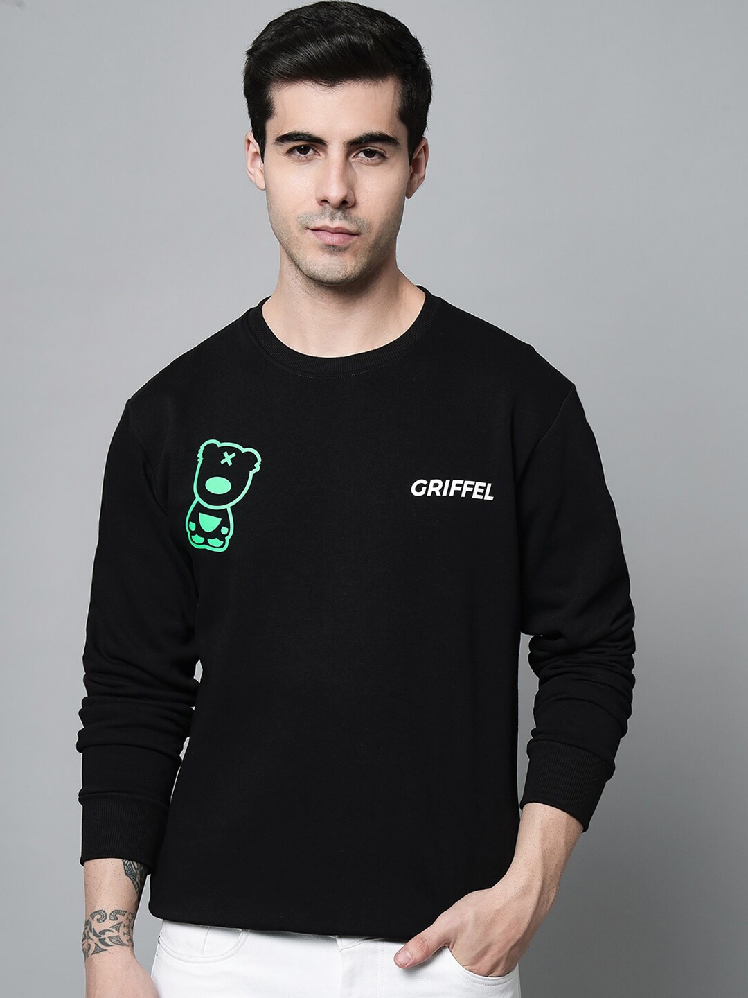 

GRIFFEL Teddy Bear Printed Fleece Pullover Sweatshirt, Black