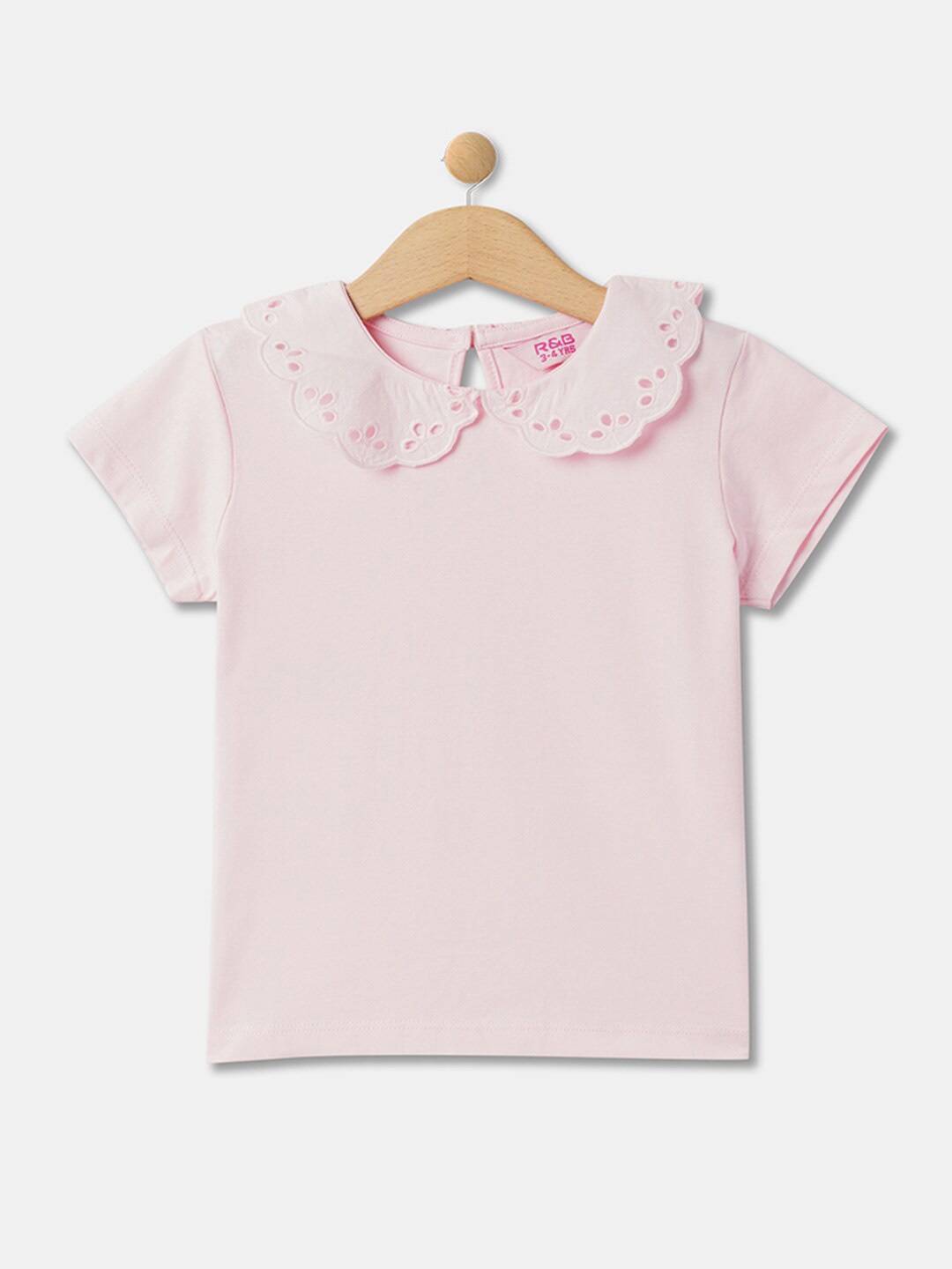 

R&B Short Sleeves Peter Pan Collar Cotton Top, Pink