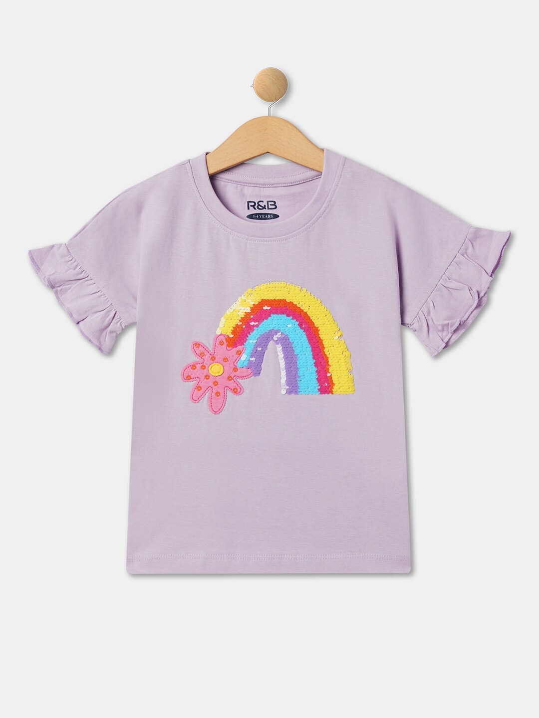 

R&B Girls Embellished Extended Sleeves Ruffles Cotton Top, Purple
