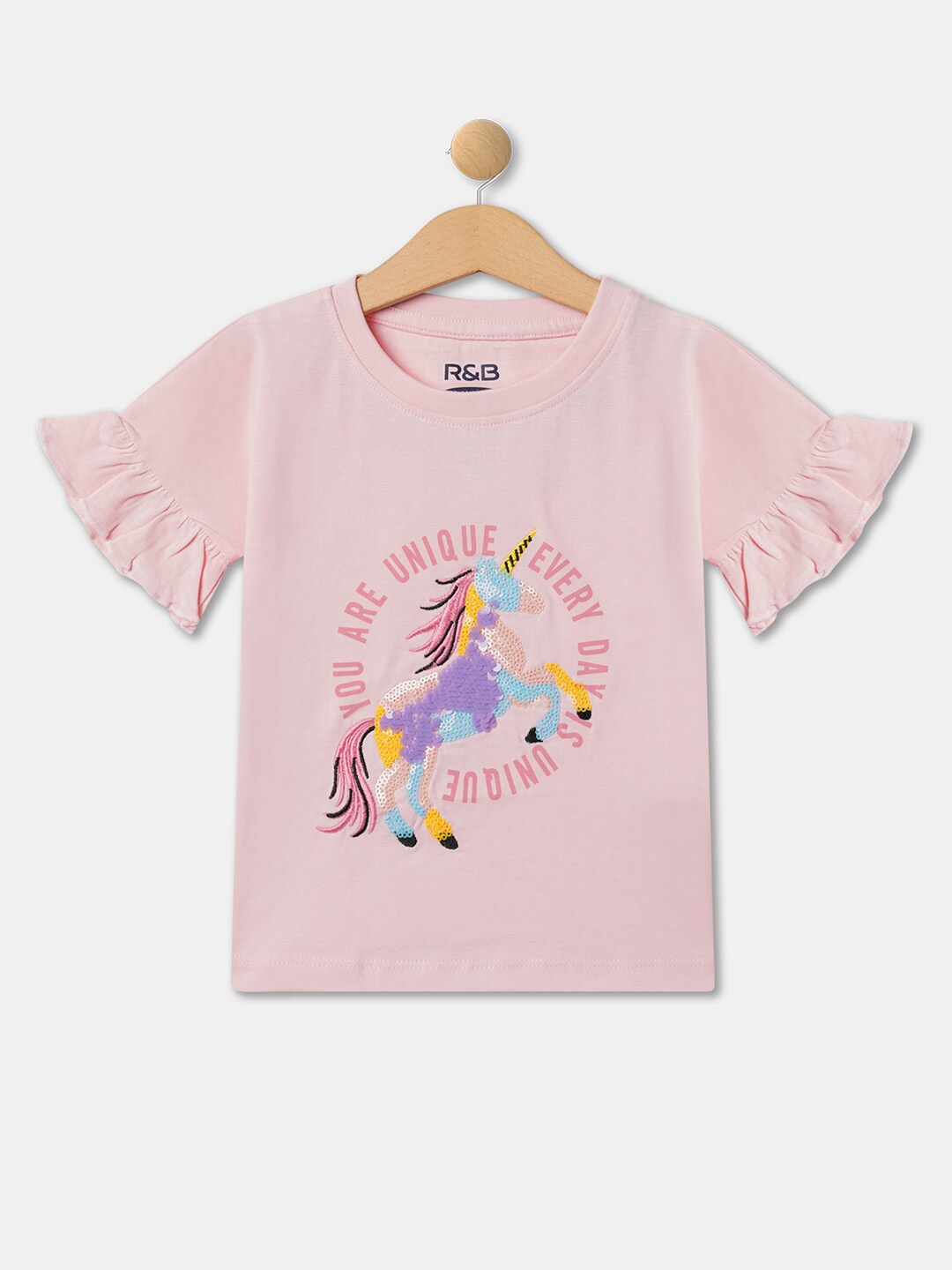 

R&B Girls Embellished Extended Sleeves Ruffles Cotton Top, Pink