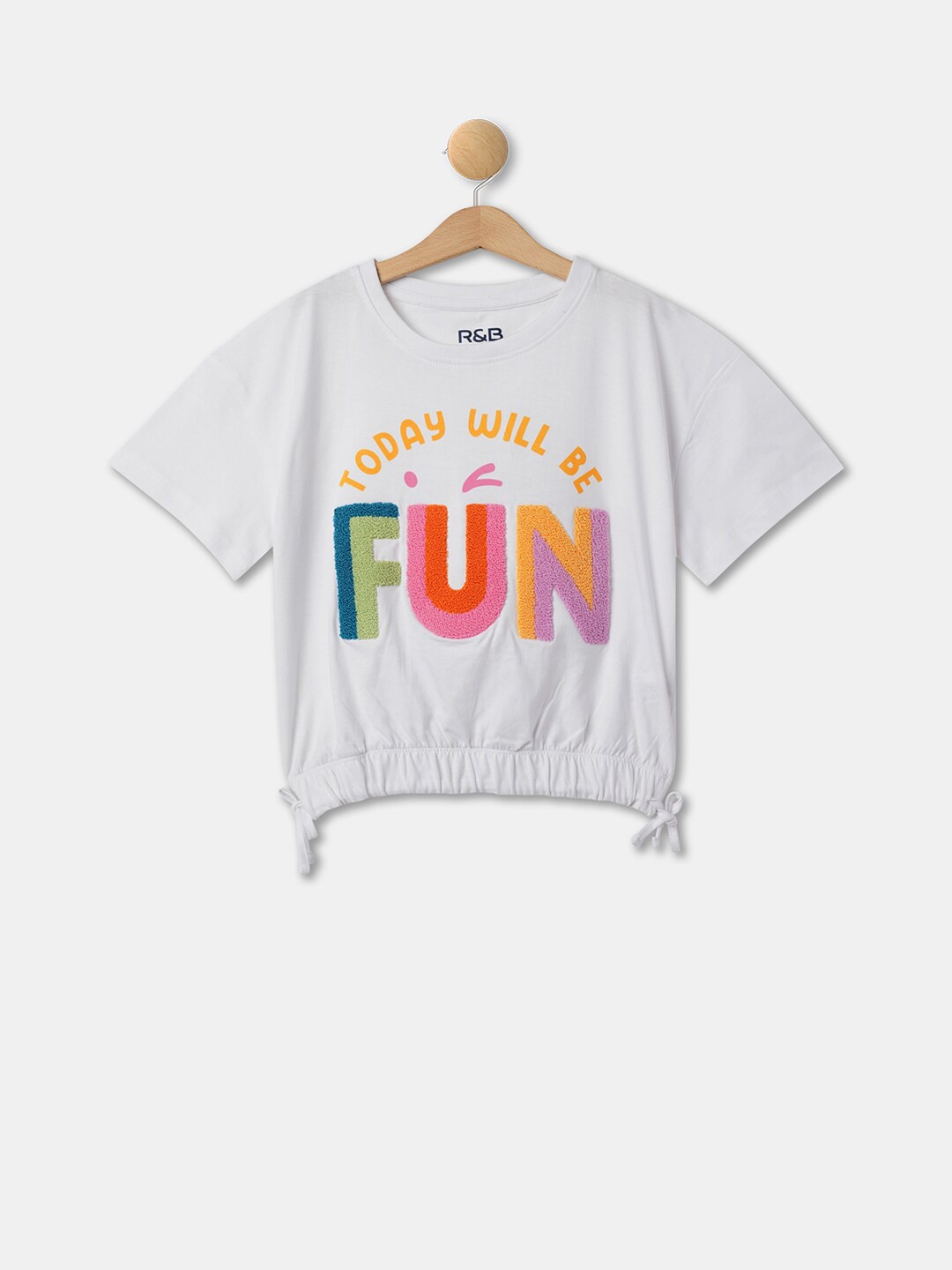 

R&B Girls Typography Printed Tie-Ups Detail Cotton Top, White