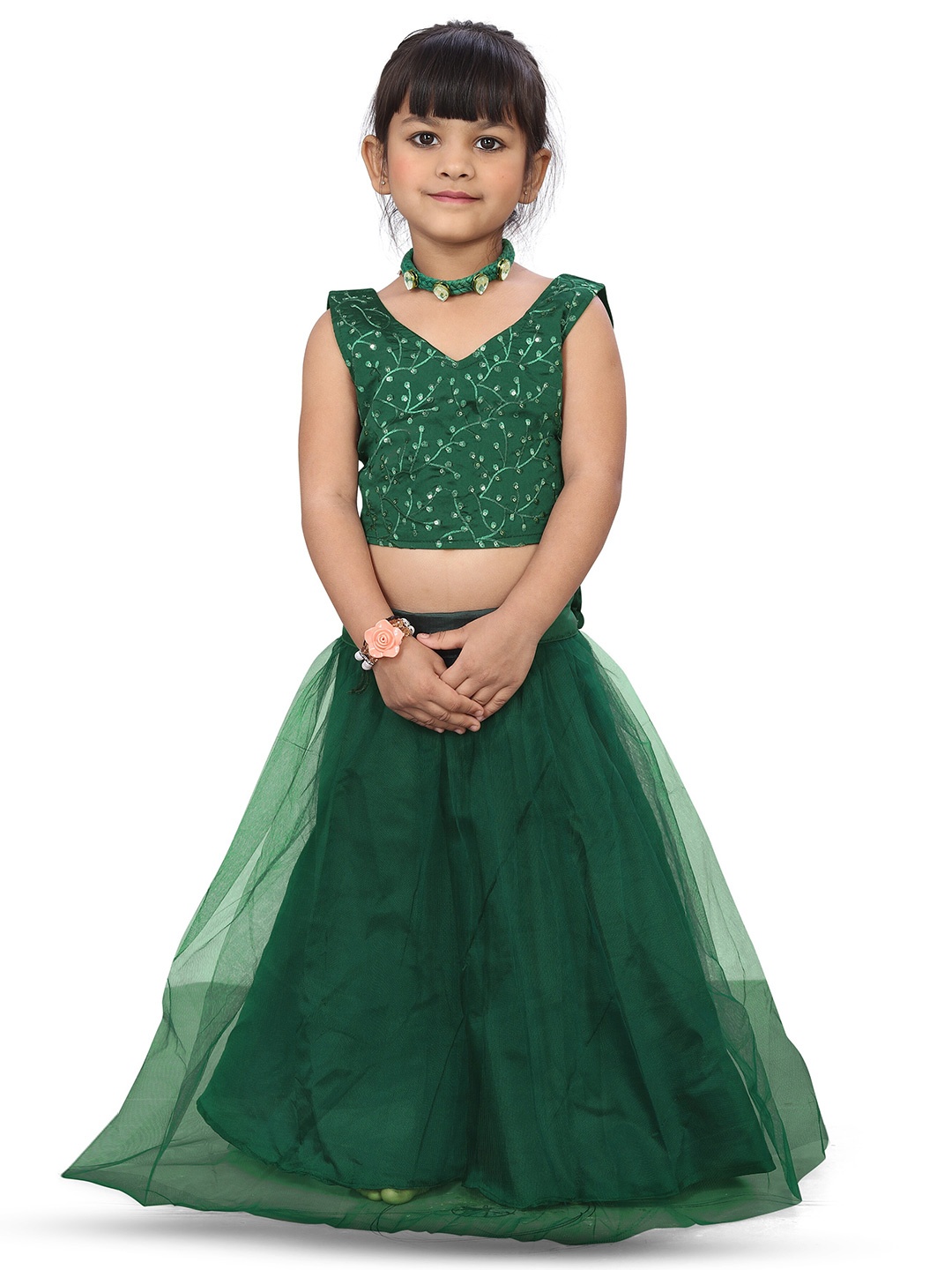 

BAESD Girls Embroidered Thread Work Ready to Wear Lehenga Choli, Green