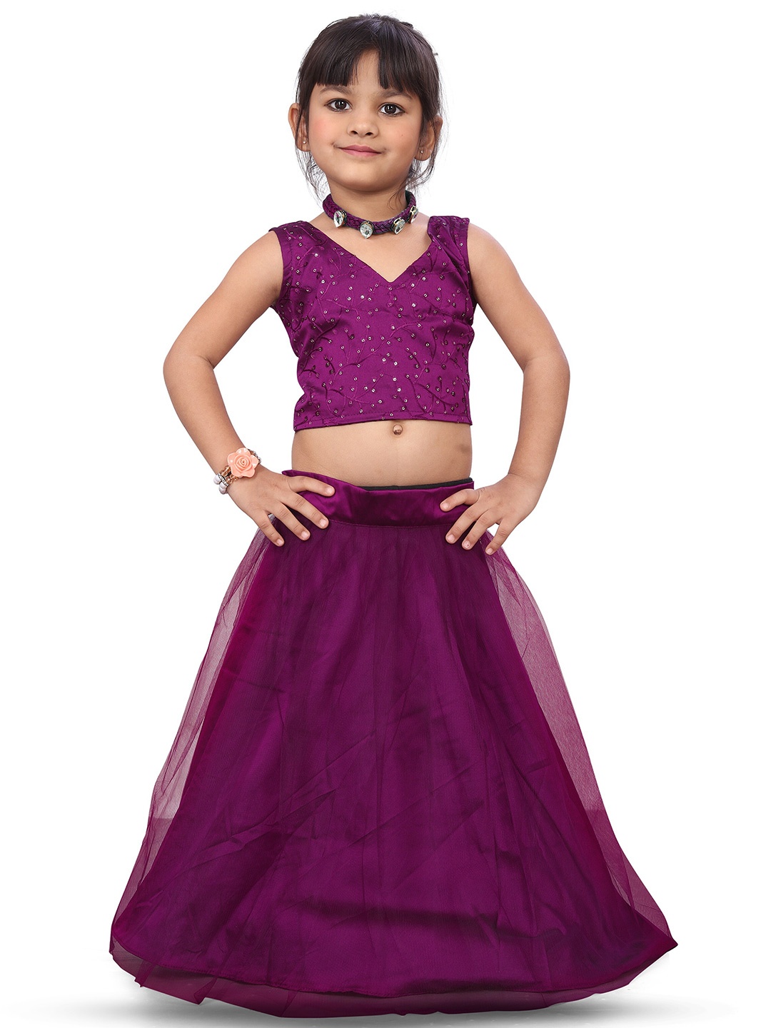 

BAESD Girls Embroidered Thread Work Ready to Wear Lehenga Choli, Purple