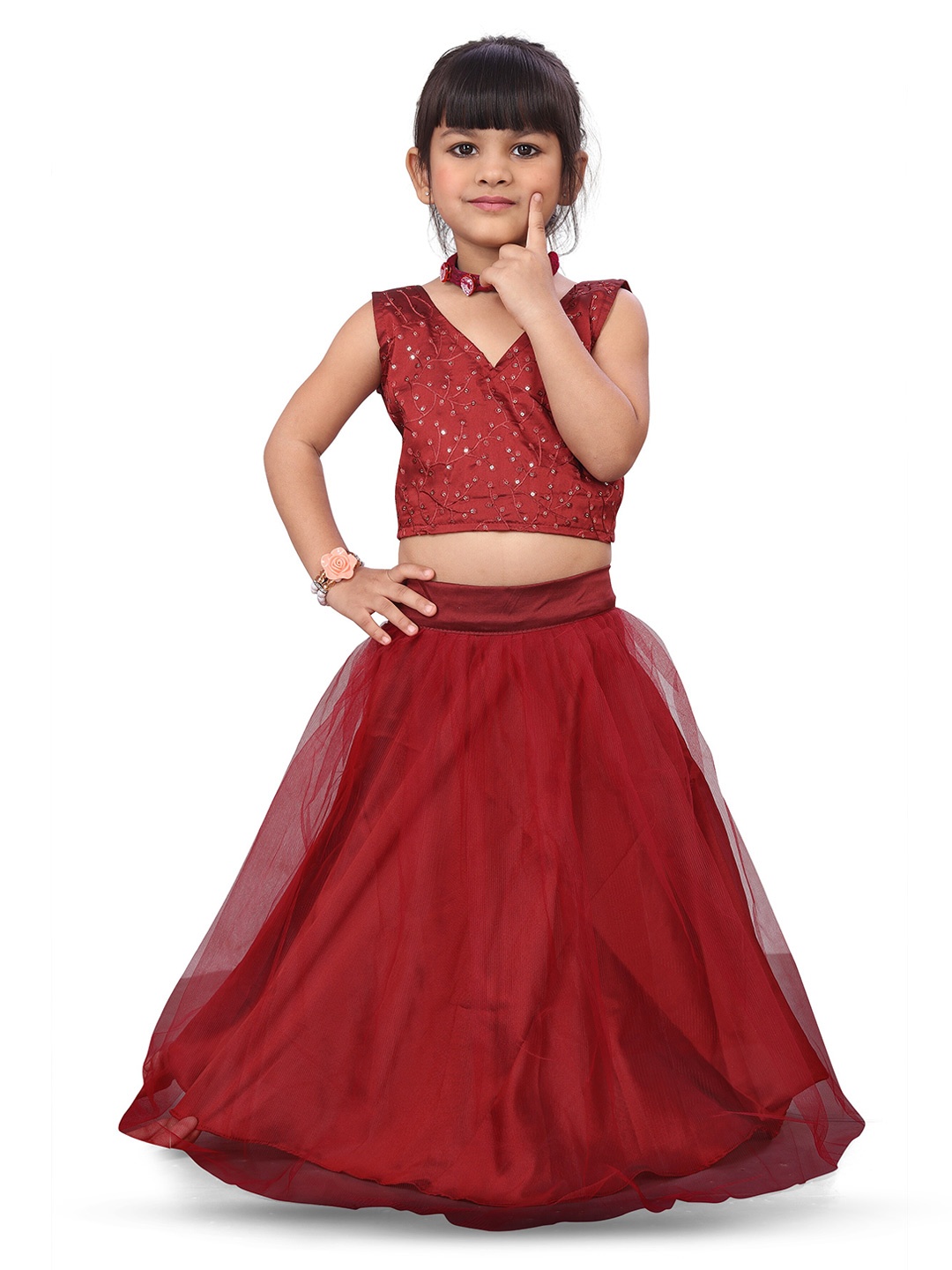 

BAESD Girls Embroidered Thread Work Ready to Wear Lehenga Choli, Maroon