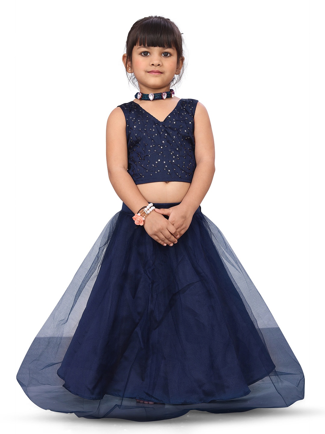 

BAESD Girls Embroidered Thread Work Ready to Wear Lehenga Choli, Navy blue