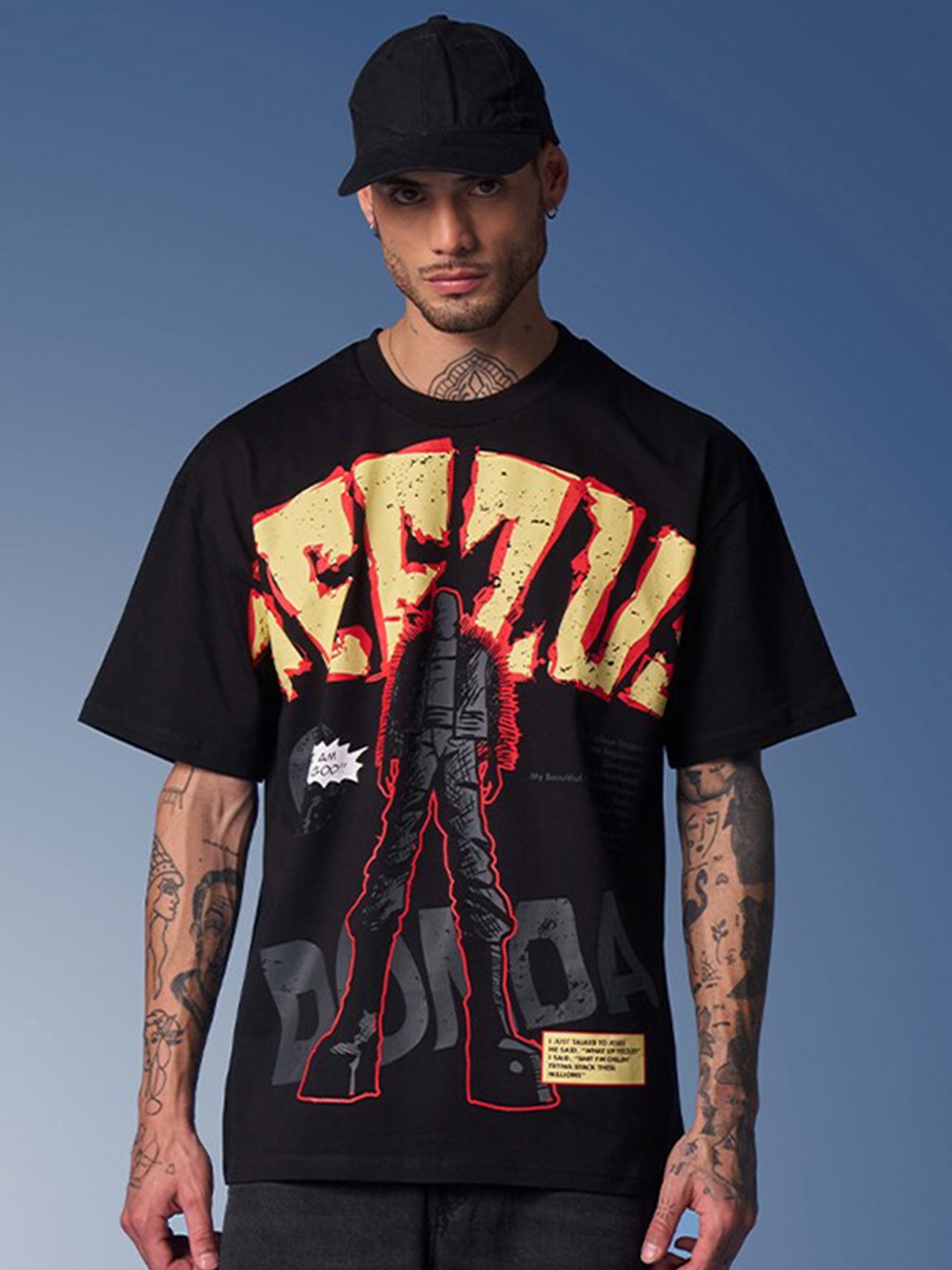 Bonkers Corner Black Graphic Printed Drop-Shoulder Cotton Oversized T-shirt
