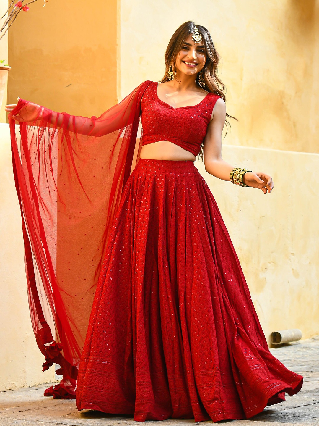 

FABPIXEL Embroidered Sequinned Semi-Stitched Lehenga & Unstitched Blouse With Dupatta, Red