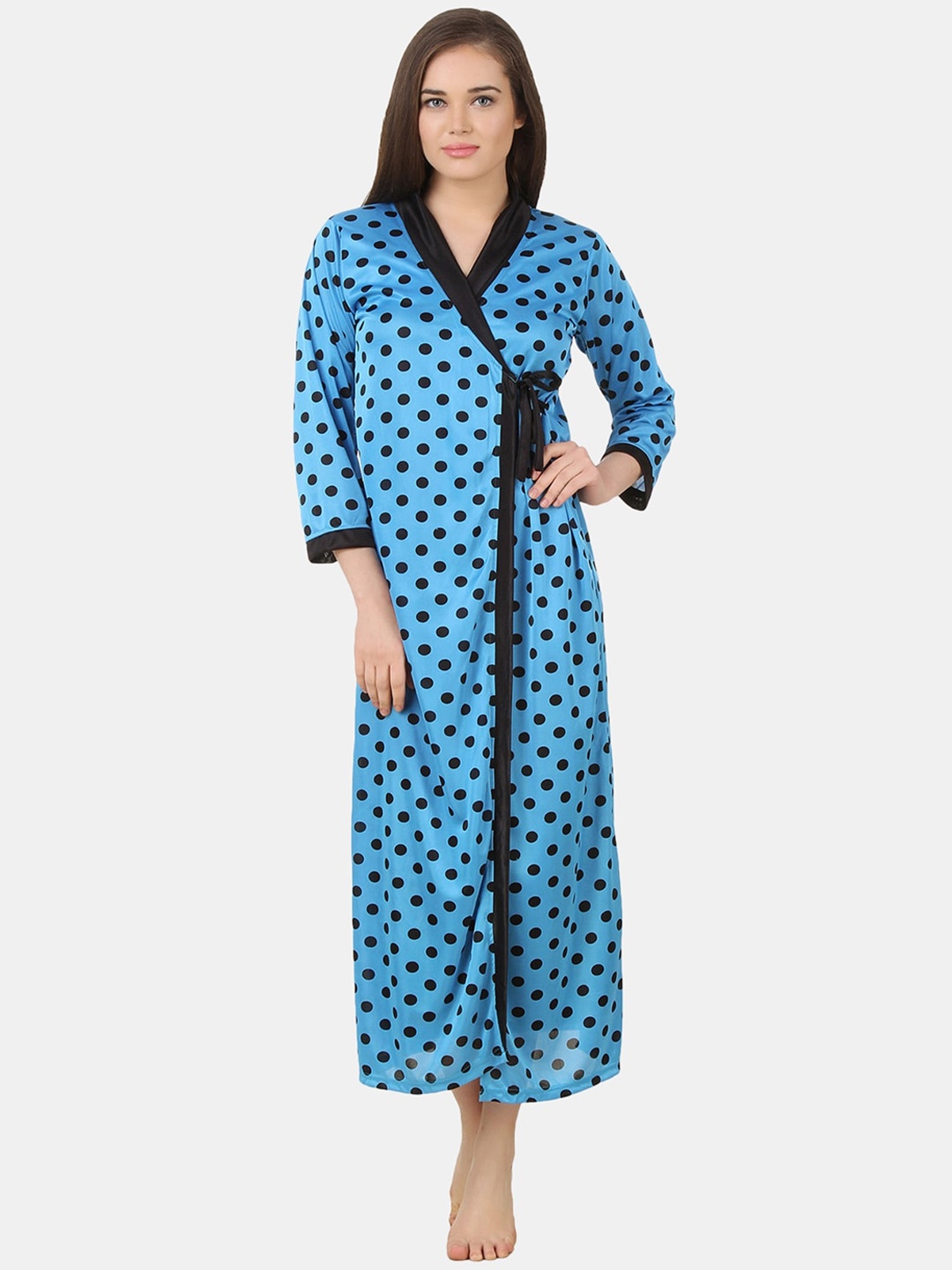 

Fasense Polka Dots Printed Midi V-Neck Robe, Blue