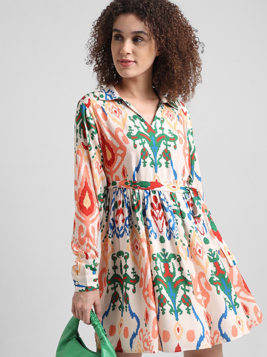 

ONLY Ethnic Motifs Printed Gathered A-Line Dress, Pink