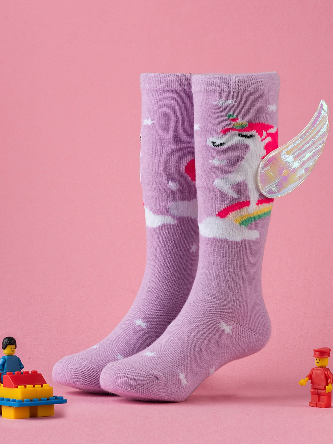 

Yellow Bee Girls Unicorn Printed With Wings Calf Length Socks, Purple