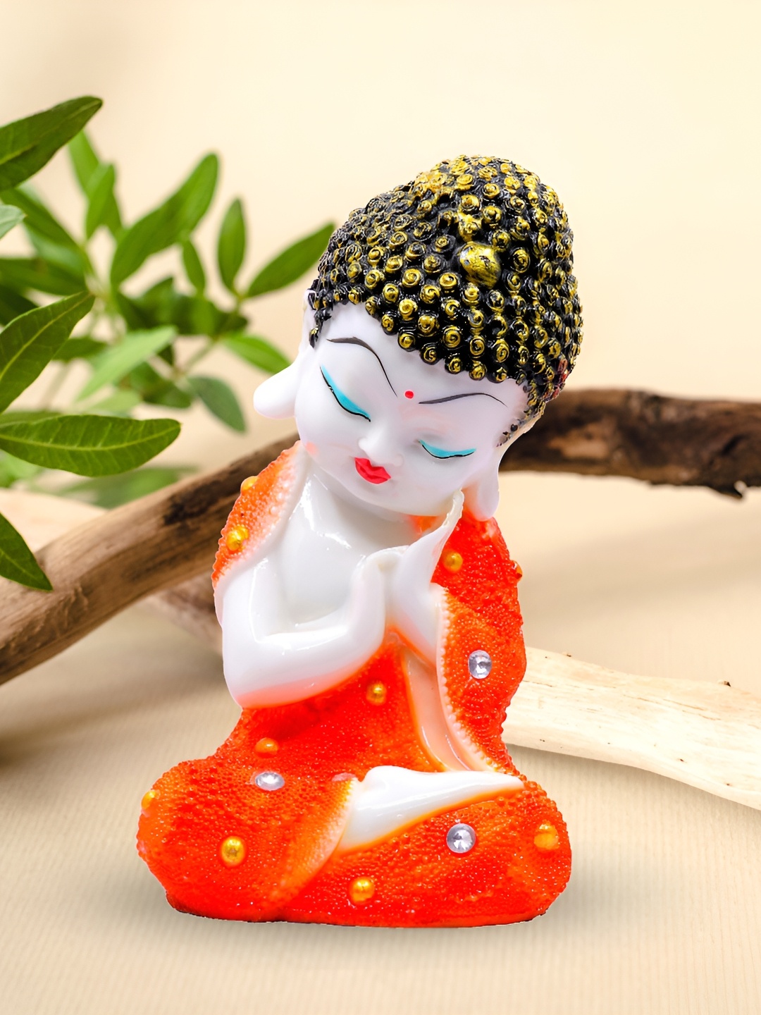 

GW CREATIONS Orange & White Buddha Idol Marble Showpiece