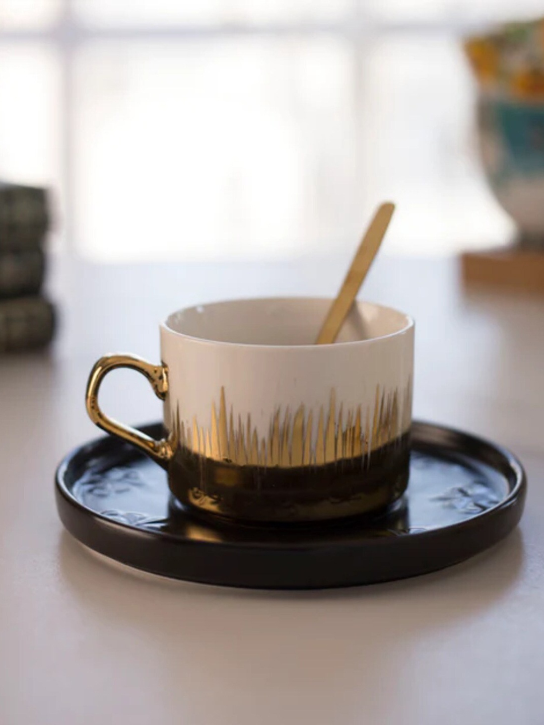 

THEDECORKART White & Brown 2 Pcs Floral Printed Ceramic Glossy Cup & Saucer 300 ML