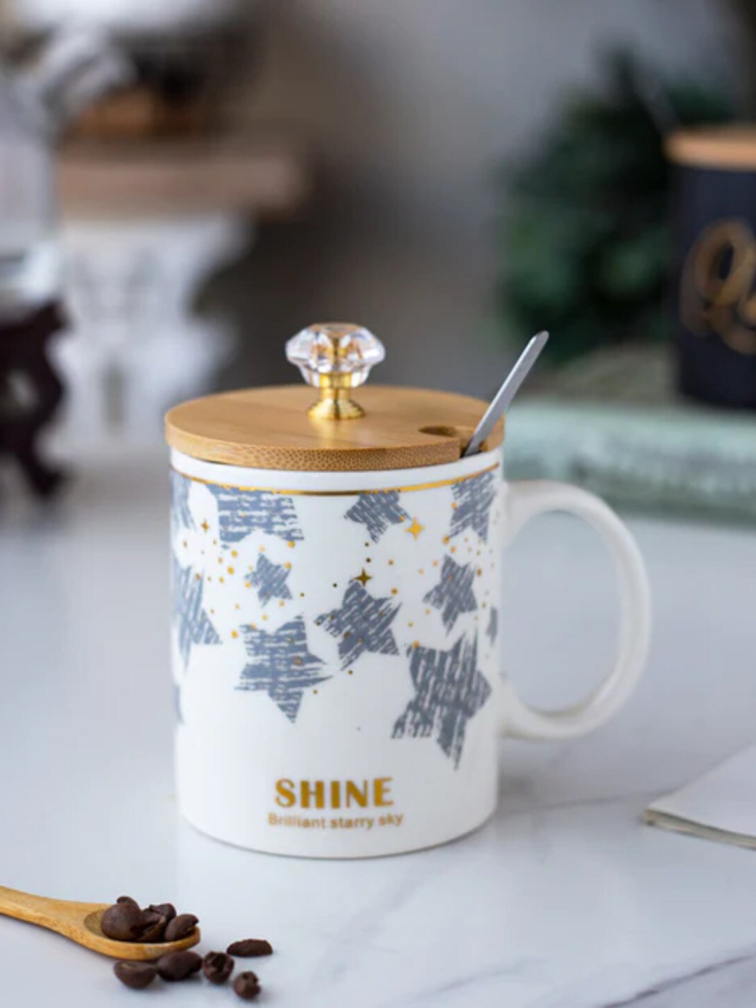 

THEDECORKART Star Printed Ceramic Glossy Mug 300 ML Each, White