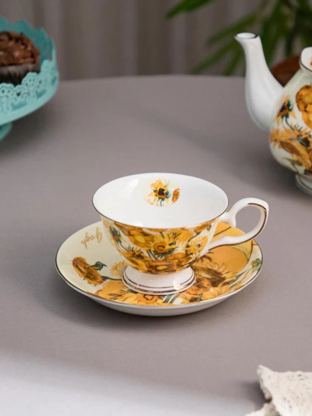 

THEDECORKART Yellow & White 2 Pcs Floral Printed Ceramic Glossy Cup & Saucer 300 ML Each