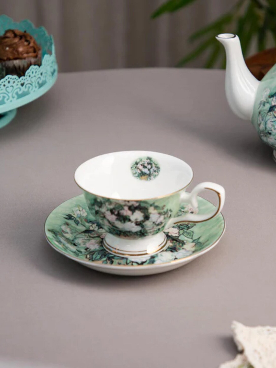 

THEDECORKART Green & White 2 Pcs Floral Printed Ceramic Glossy Cup & Saucer 300 ML Each