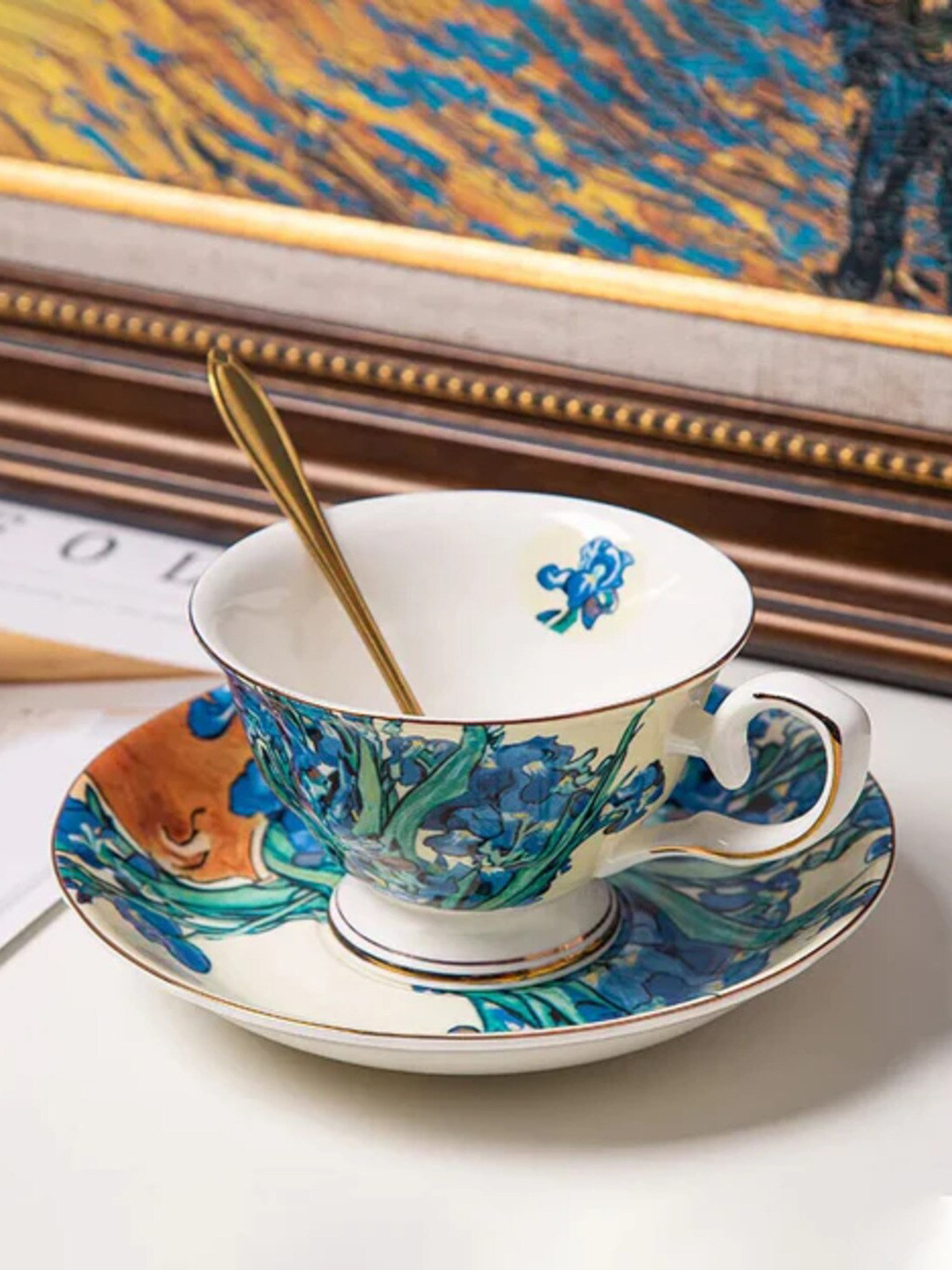 

THEDECORKART White & Blue 2 Pcs Floral Printed Ceramic Glossy Cup & Saucer 300 ML Each