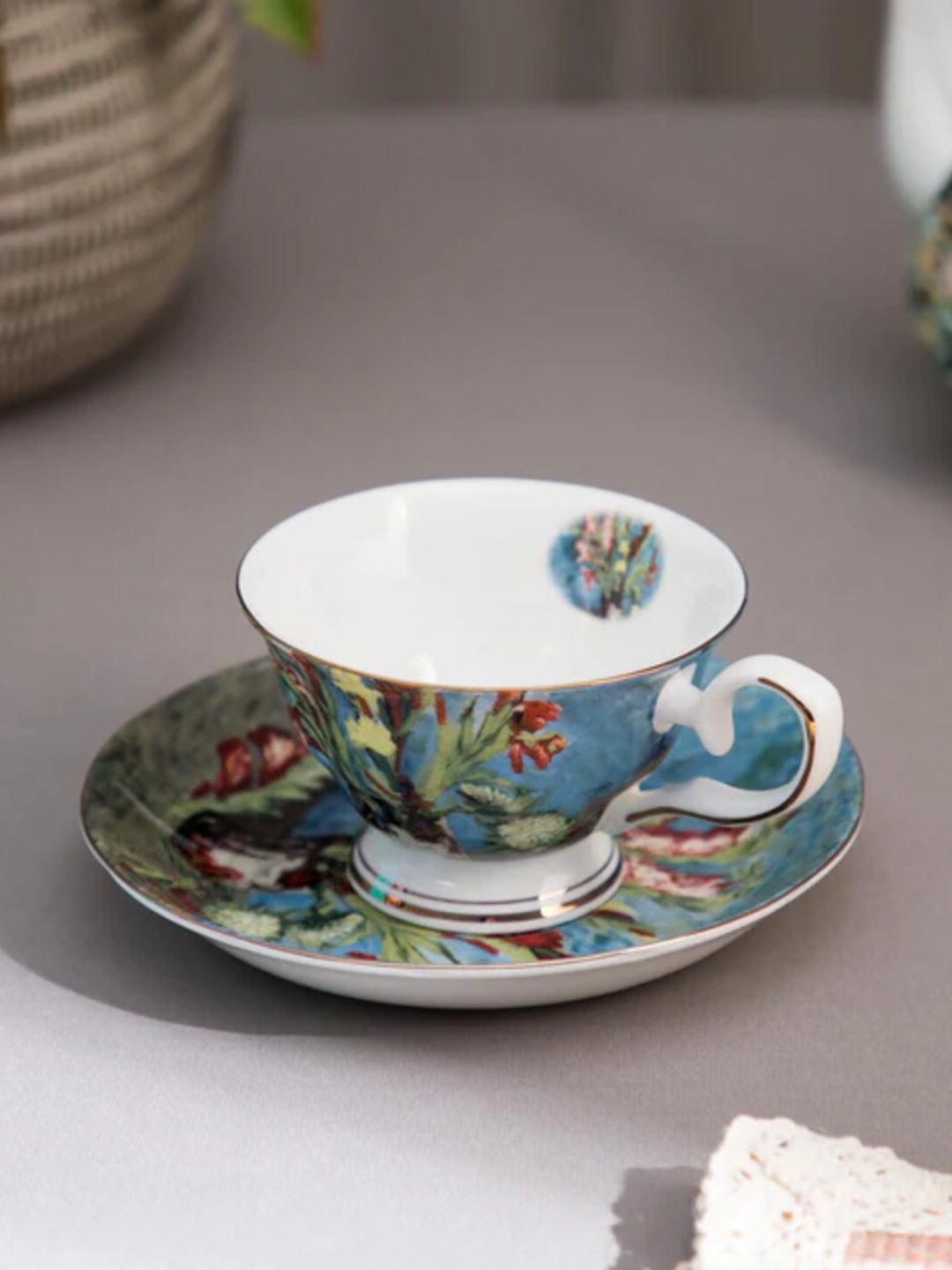 

THEDECORKART Green & Blue 2 Pieces Floral Printed Ceramic Glossy Cup and Saucer 300 ml
