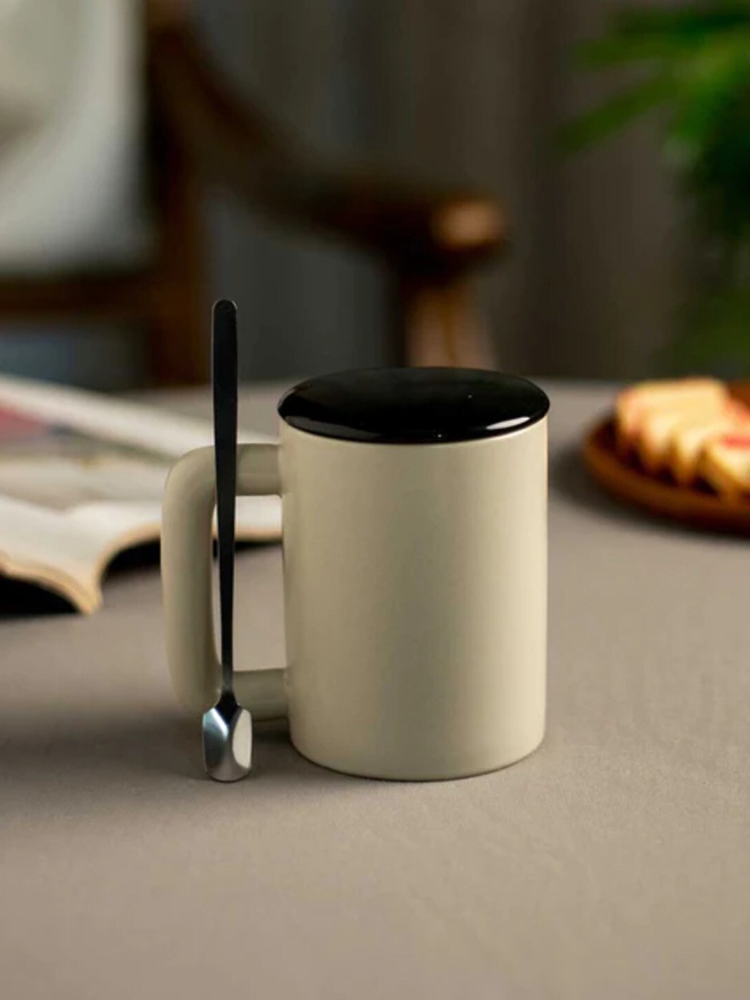 

THEDECORKART Beige & Black Ceramic Glossy Mug 300 ml