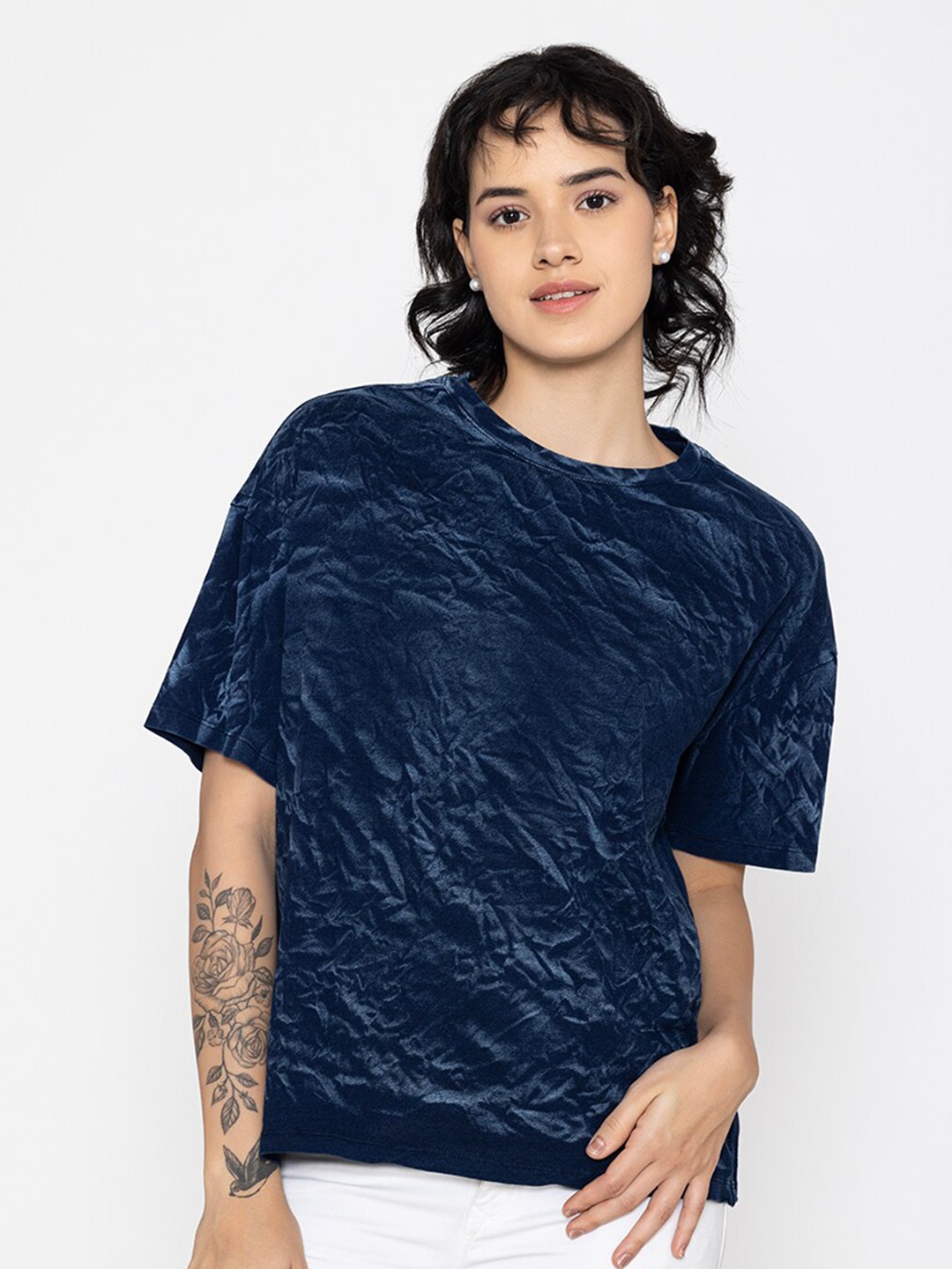 

TITTLI Abstract Printed Drop Shoulder Sleeve Pure Cotton Boxy T-Shirt, Navy blue