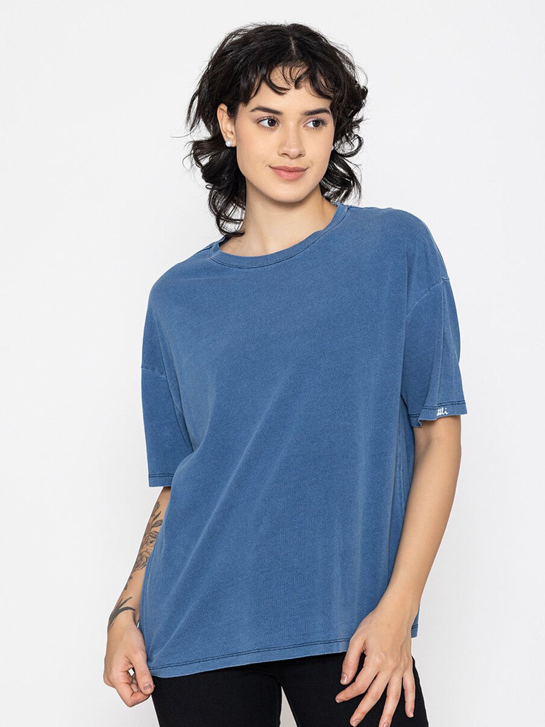 

TITTLI Drop-Shoulder Sleeves Pure Cotton Boxy T-Shirt, Blue