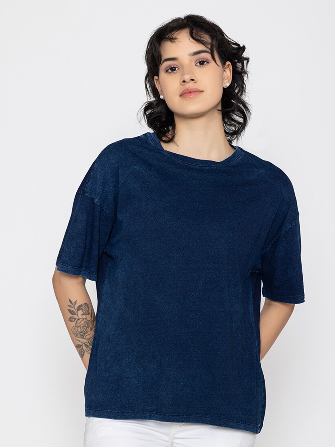 

TITTLI Drop-Shoulder Sleeves Pure Cotton Boxy T-Shirt, Navy blue