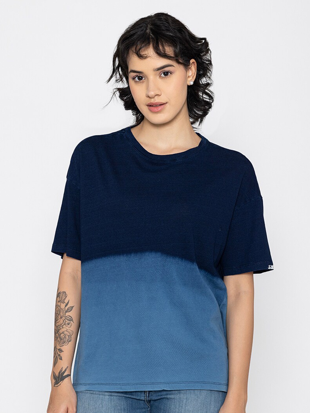 

TITTLI Drop-Shoulder Sleeves Pure Cotton Boxy T-Shirt, Navy blue