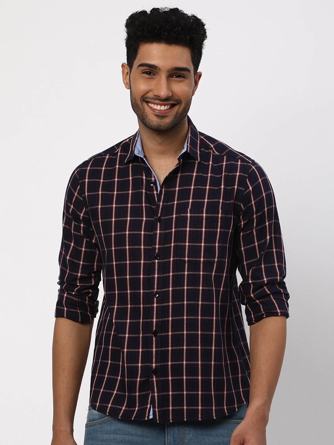 

R&B Spread Collar Windowpane Checks Denim Cotton Casual Shirt, Blue